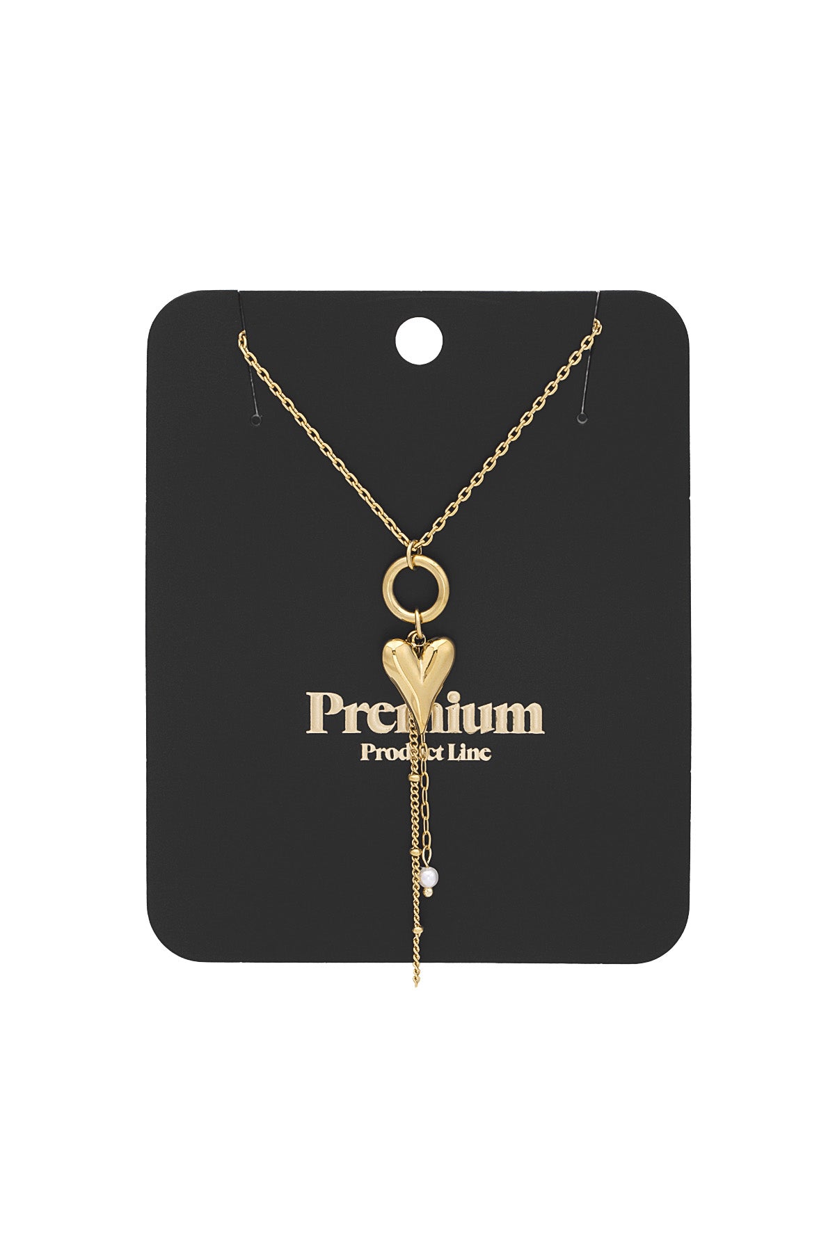 Gold heart charm pendant necklace displayed on black Premium Product Line card
