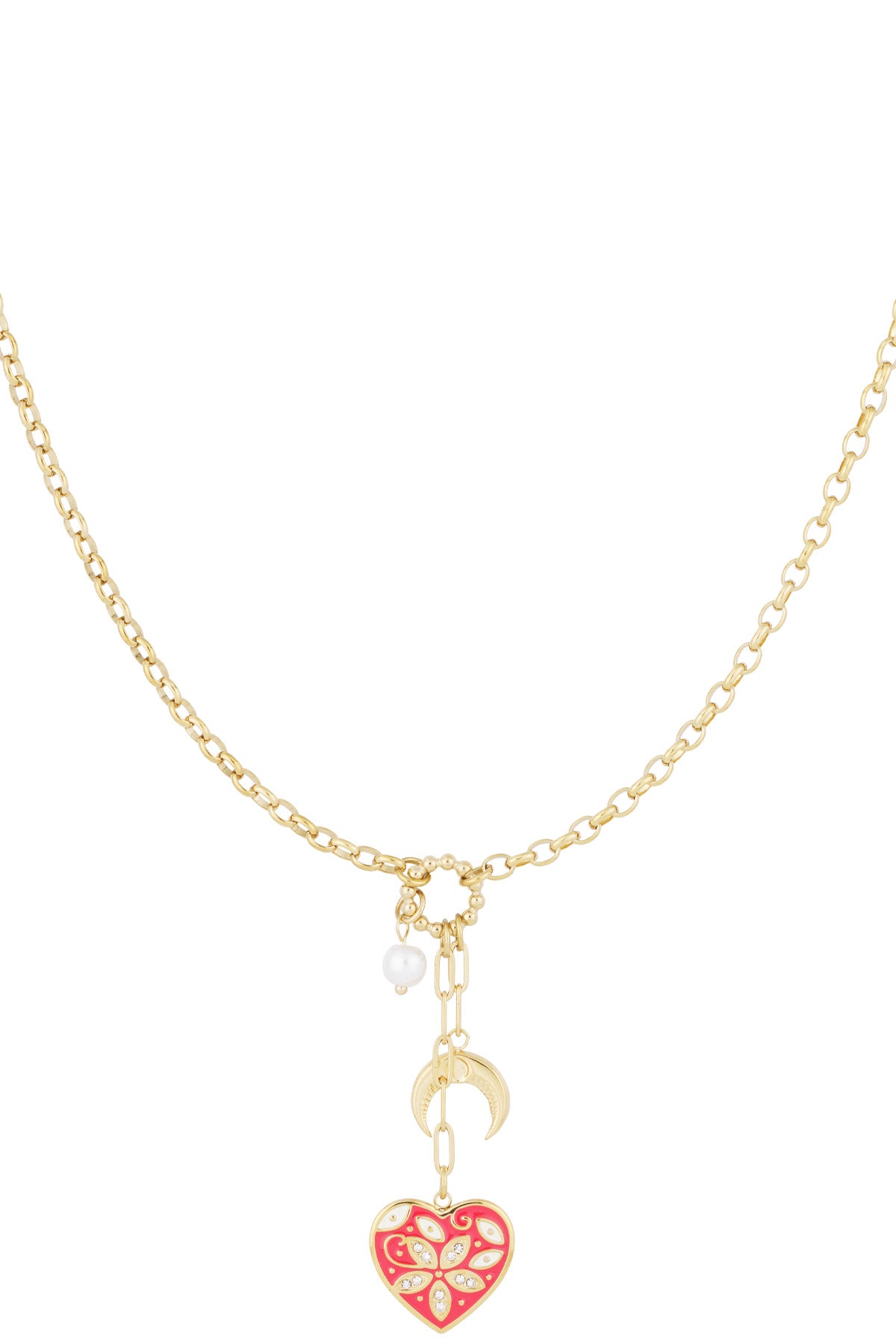 Close-up of gold-tone chain necklace with red enamel heart charm, crescent moon, and faux pearl pendants on white background