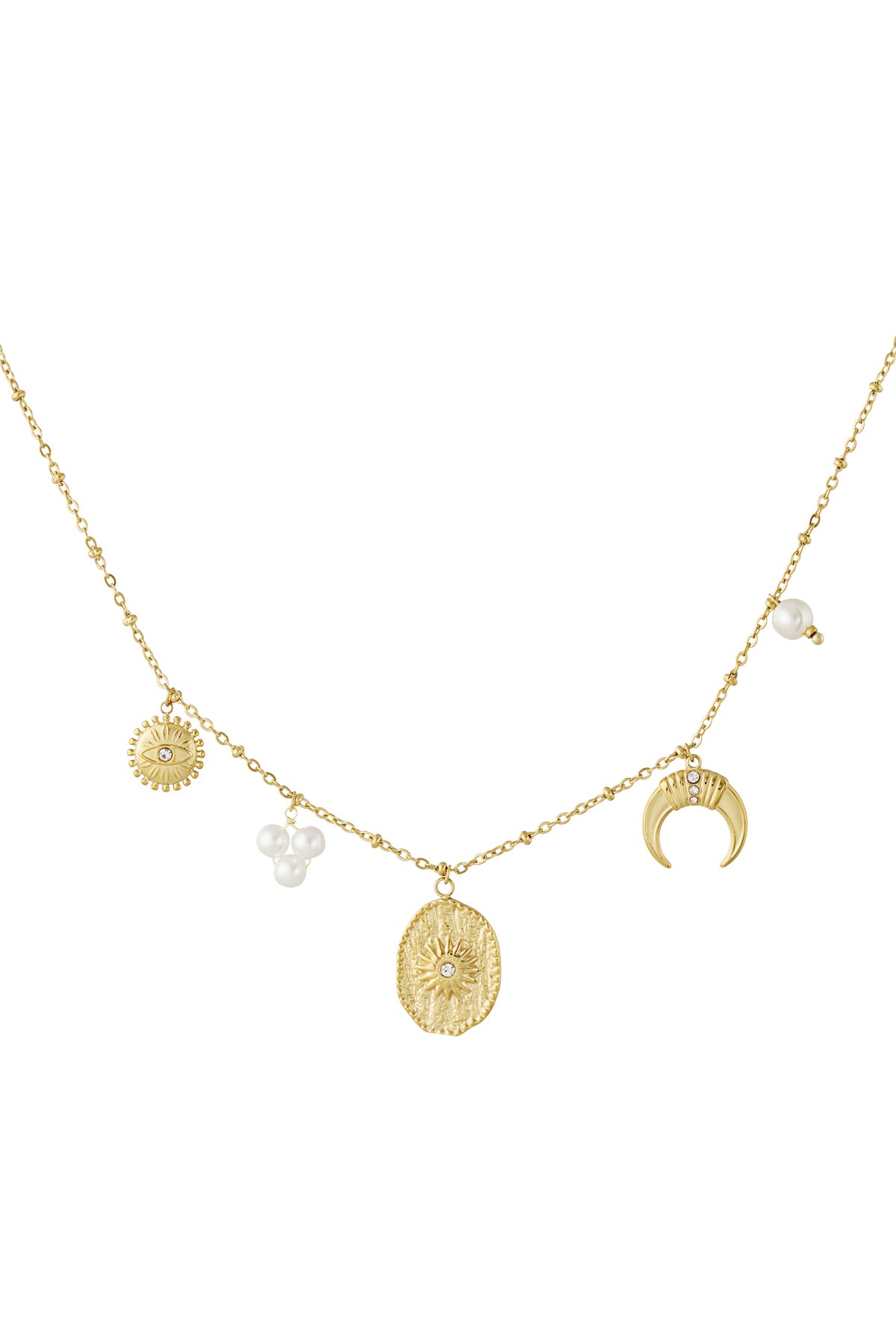 Gold-tone pendant necklace with sun, crescent moon, star charms, and pearl beads on delicate link chain
