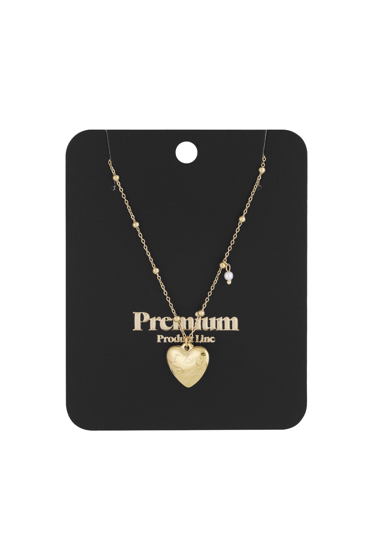 Gold heart charm pendant necklace displayed on black jewellery card with 'Premium' text