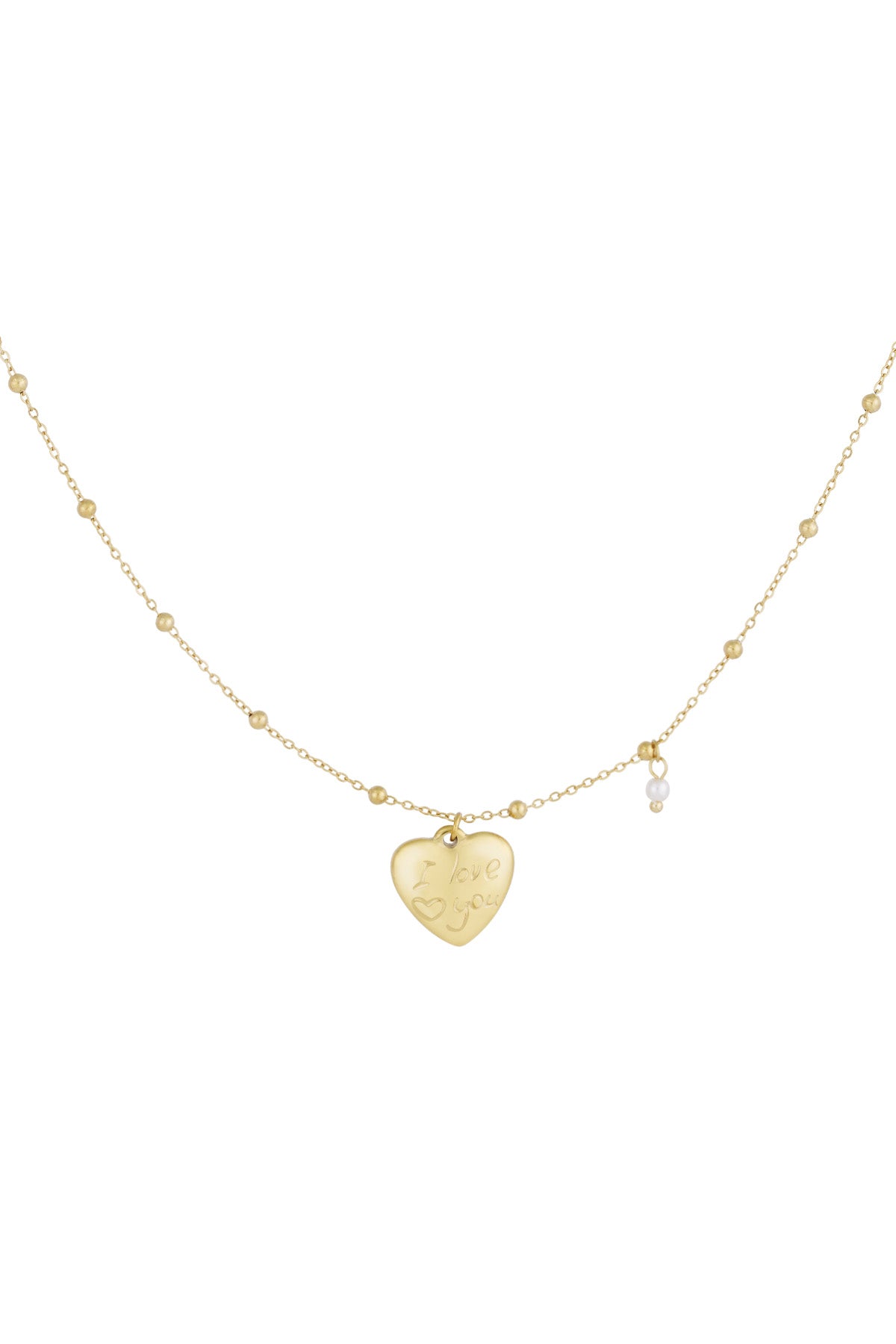 Gold heart charm pendant necklace with bead chain and small pearl accent on white background