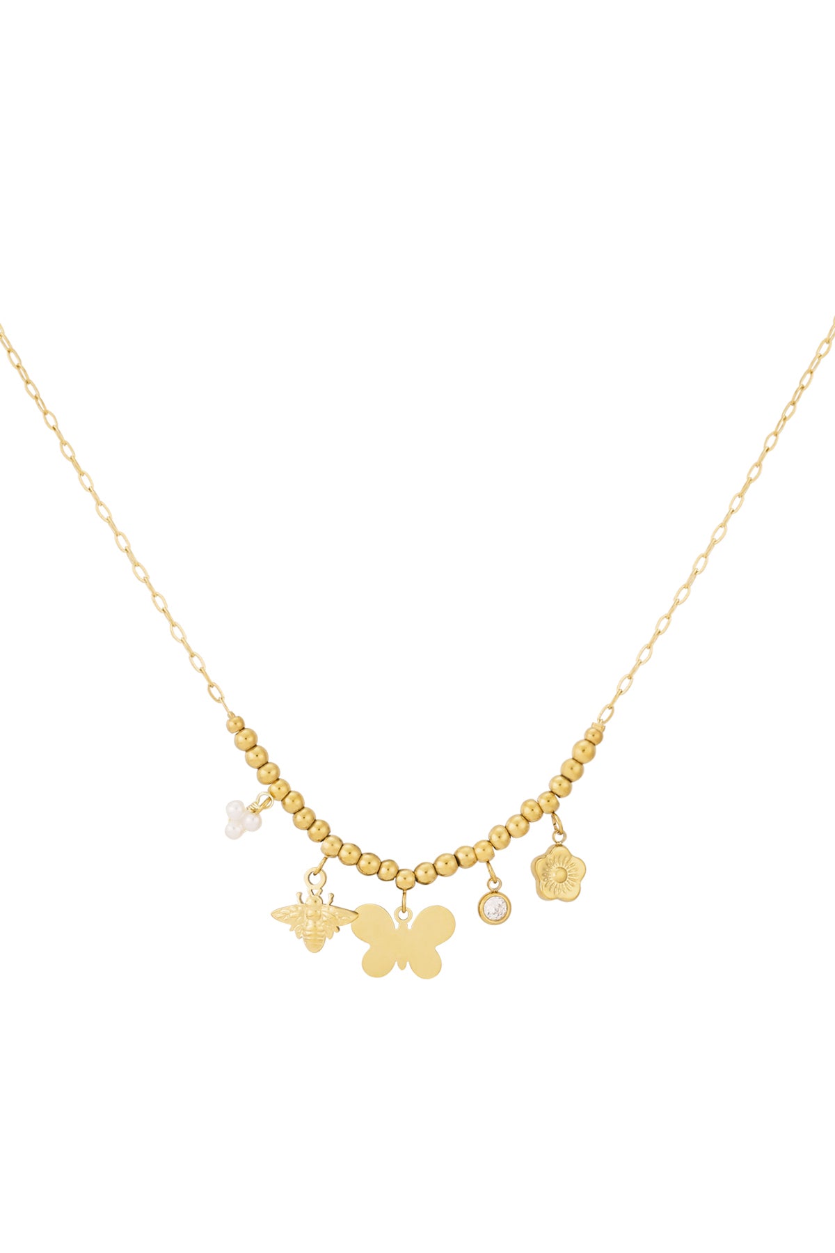 Close-up of gold beaded charm necklace with butterfly, bee, pearl cluster, crystal and flower charms on white background