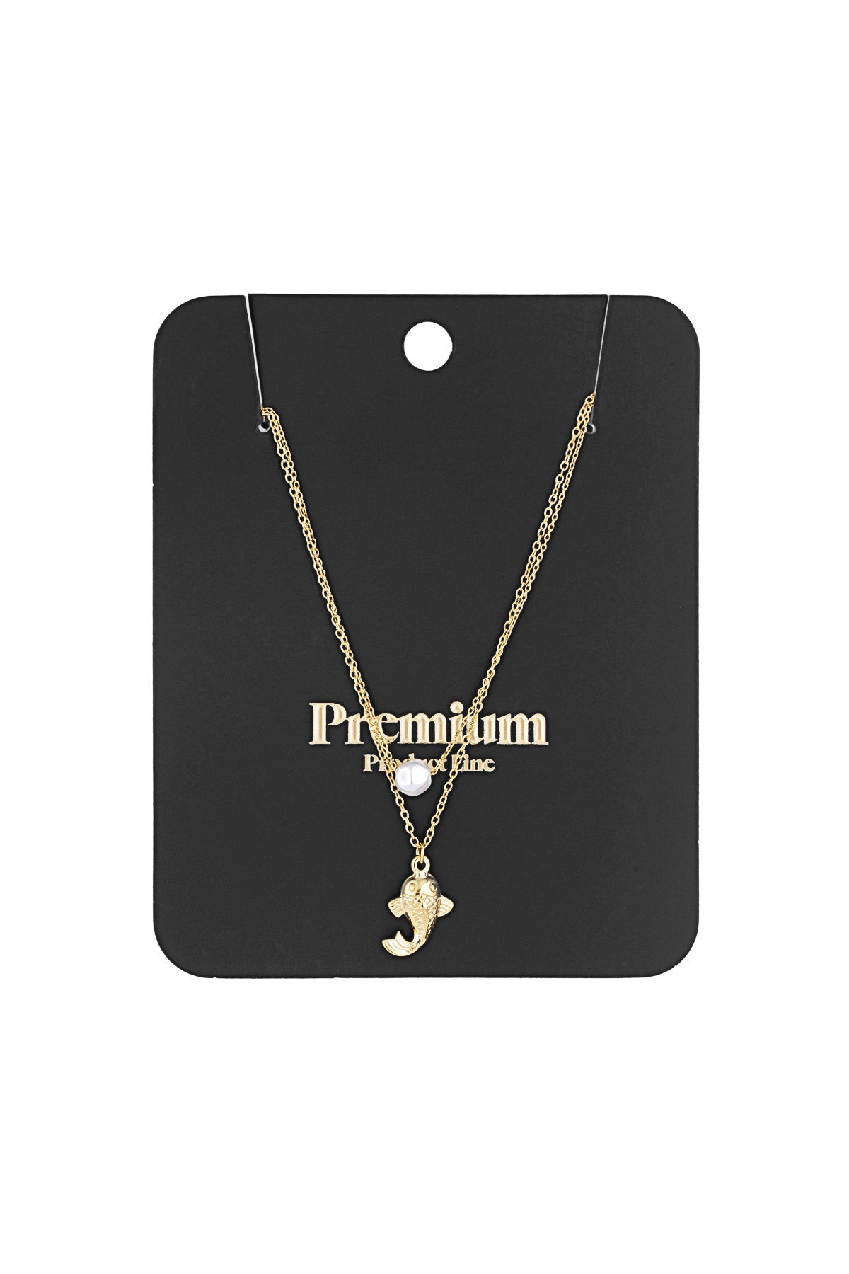 Gold layered pearl and fish necklace displayed on black product card with Premium branding