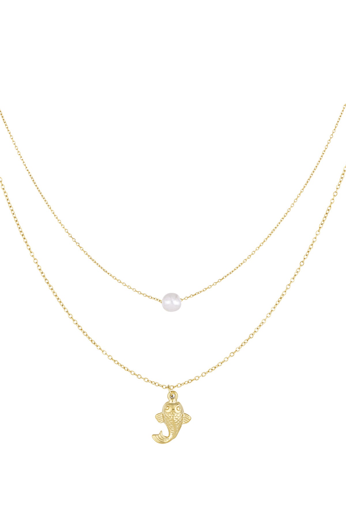 Gold layered necklace showing one chain with single pearl and another with fish pendant on white background