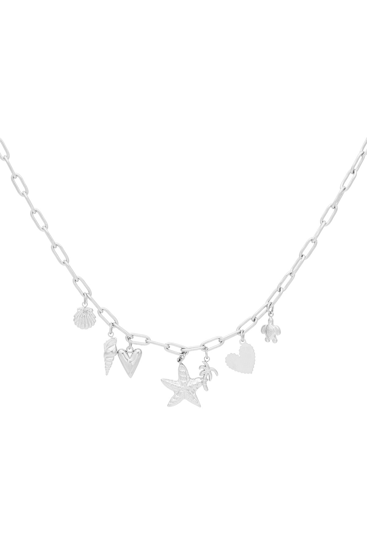 Silver version of the charm necklace featuring identical beach-themed charms on a silver chain