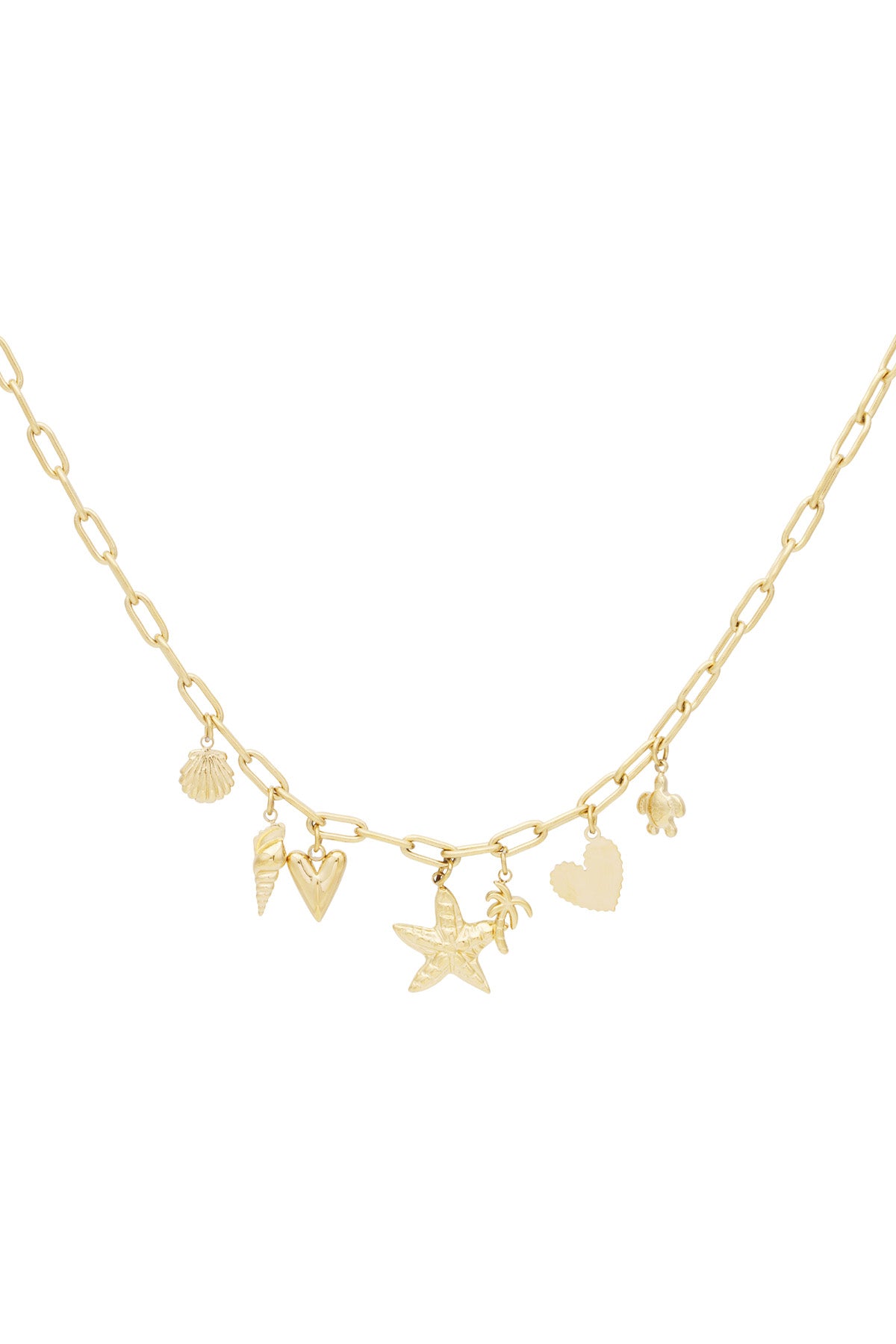 Gold charm necklace with starfish, heart, palm tree, shell and other beach-themed charms on gold chain links
