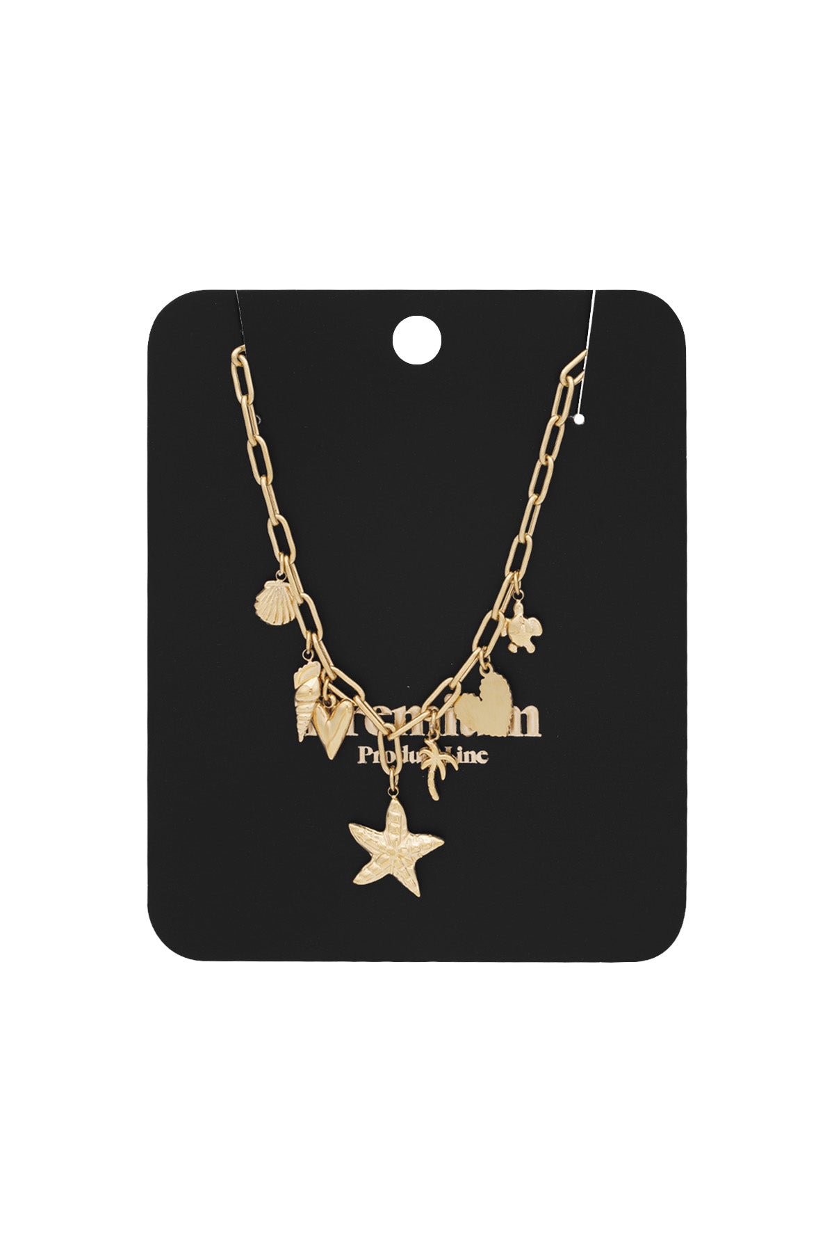 Gold charm necklace displayed on a black branded card holder showing the beach-inspired charms clearly