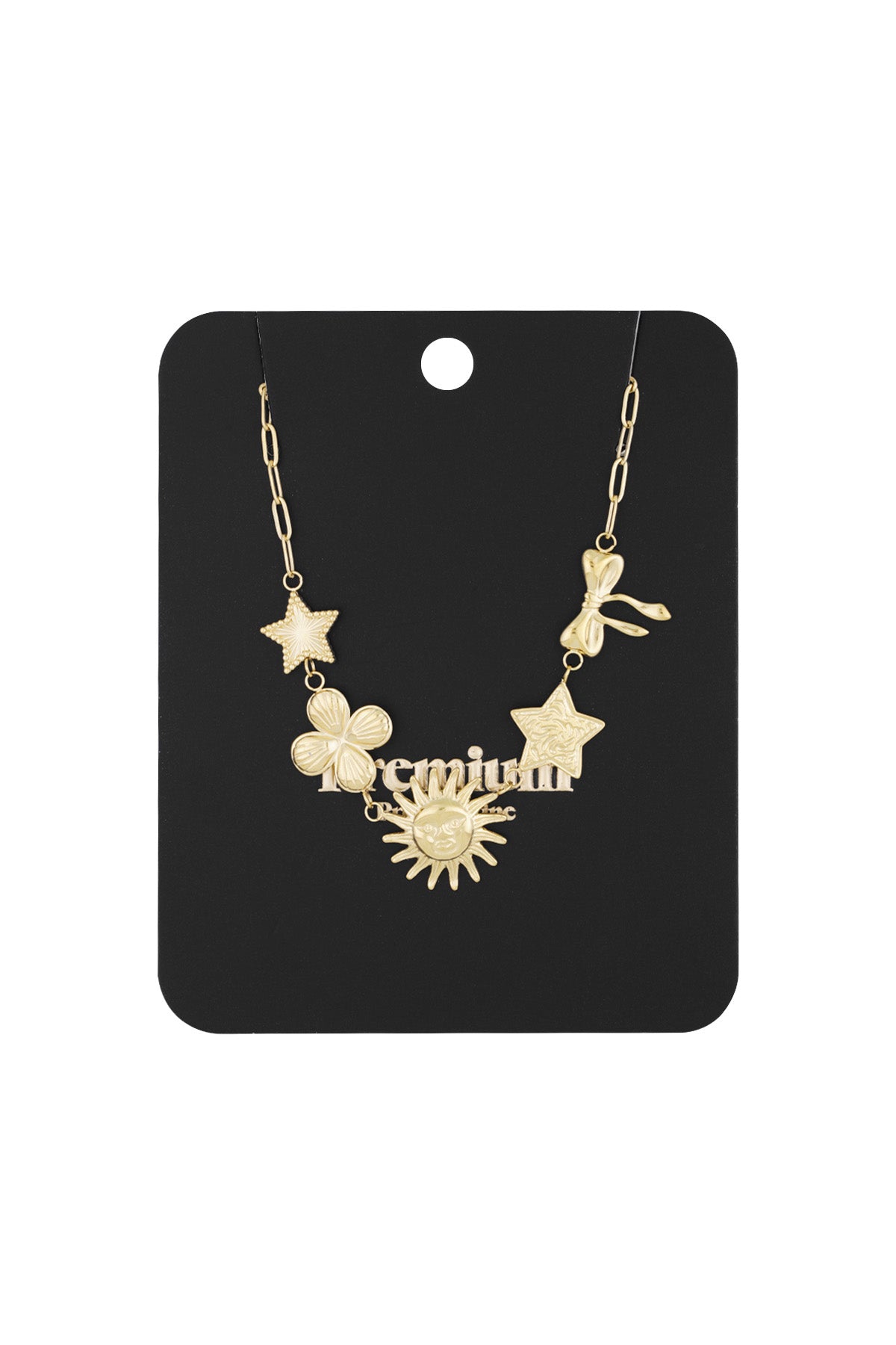 Gold-tone celestial charm necklace displayed on a black jewellery card with ‘premium’ label