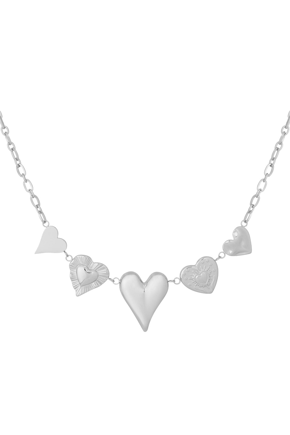 Front view of silver multi heart charm necklace with five different heart-shaped charms on a chain
