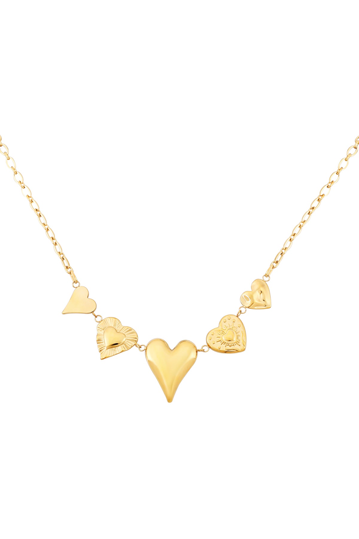 Gold multi heart charm necklace laid flat on white background showing the full five heart charms