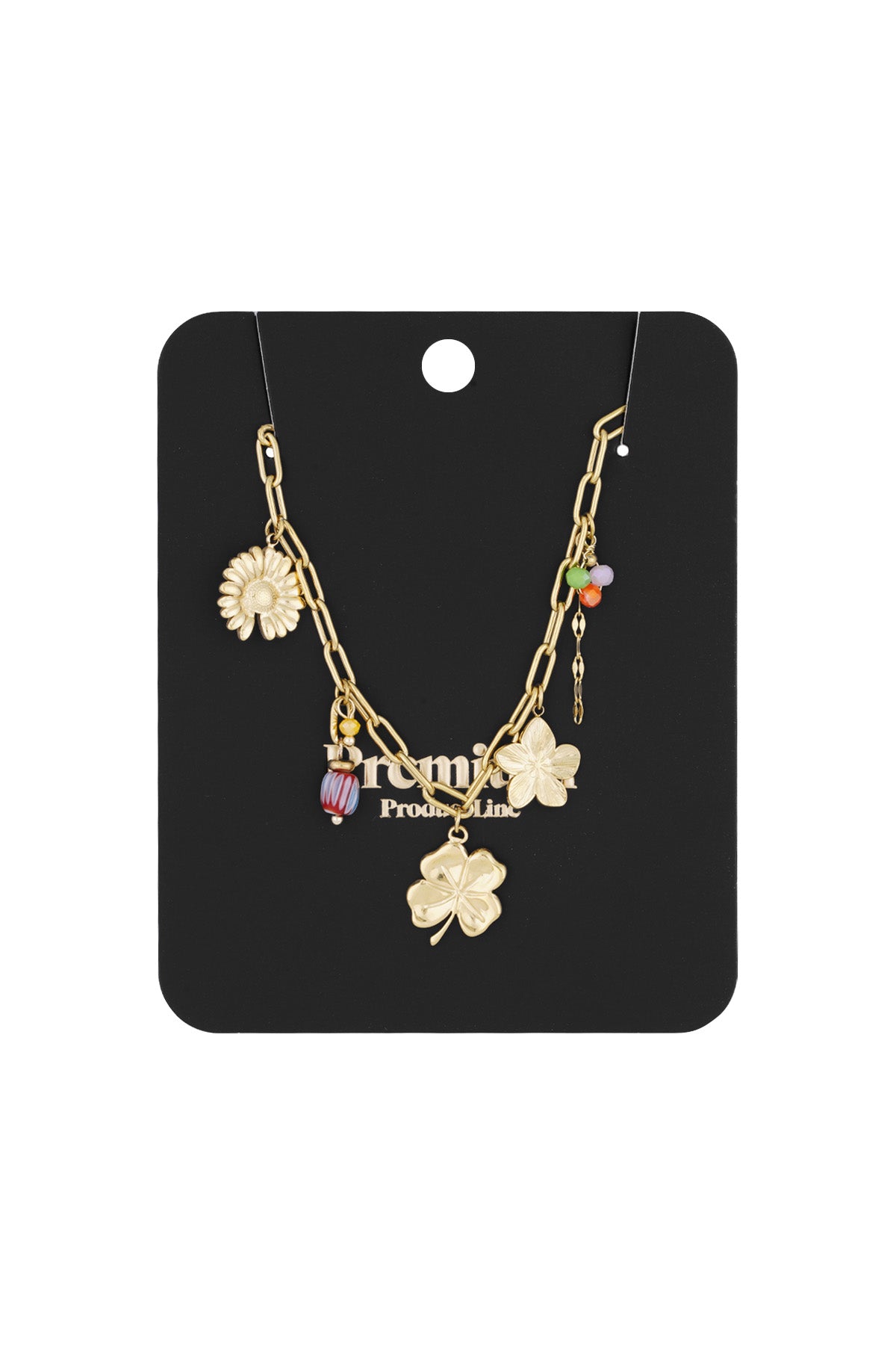 Gold charm necklace packaged on a black card showcasing the mix of flower and bead pendants
