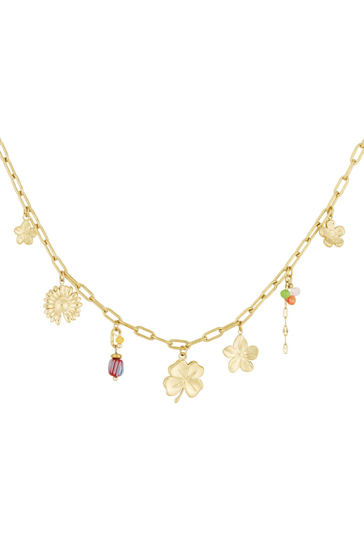 Gold chain necklace adorned with various floral and colourful bead charms displayed on white background