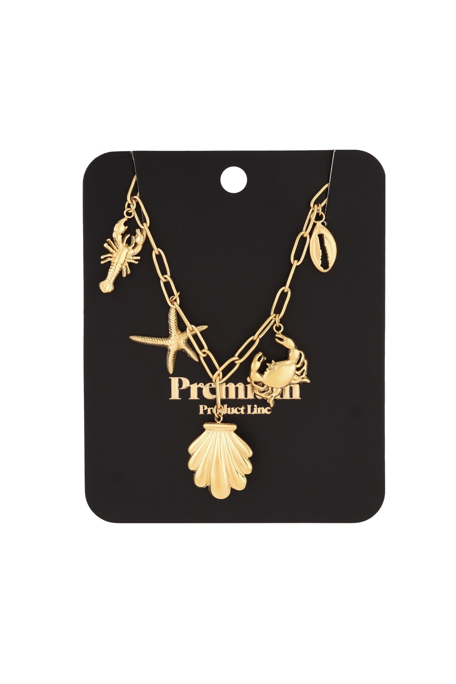 Gold seaside charm necklace displayed on black product card with elegant branding