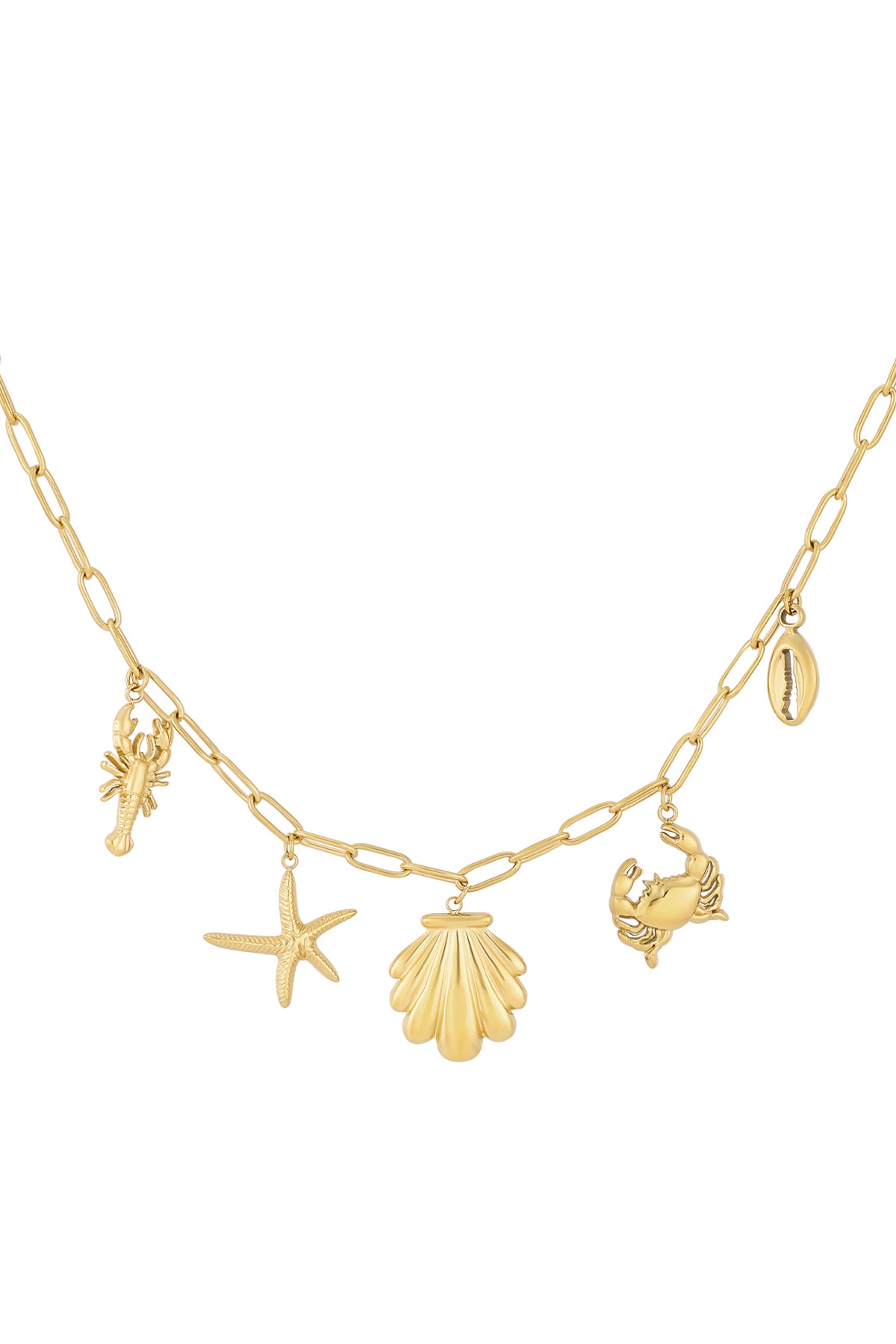 Gold chain necklace featuring seaside charms shaped like a lobster, starfish, scallop shell, crab, and cowrie shell on white background