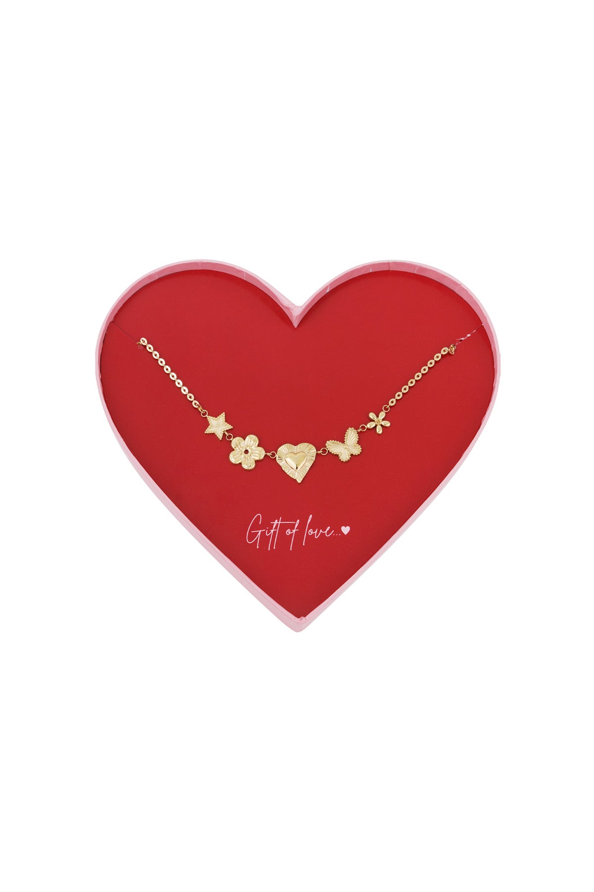 Gold pendant necklace with star, flower, heart, butterfly, and flower charms on a gold chain displayed on red heart-shaped card inside pink heart-shaped gift box