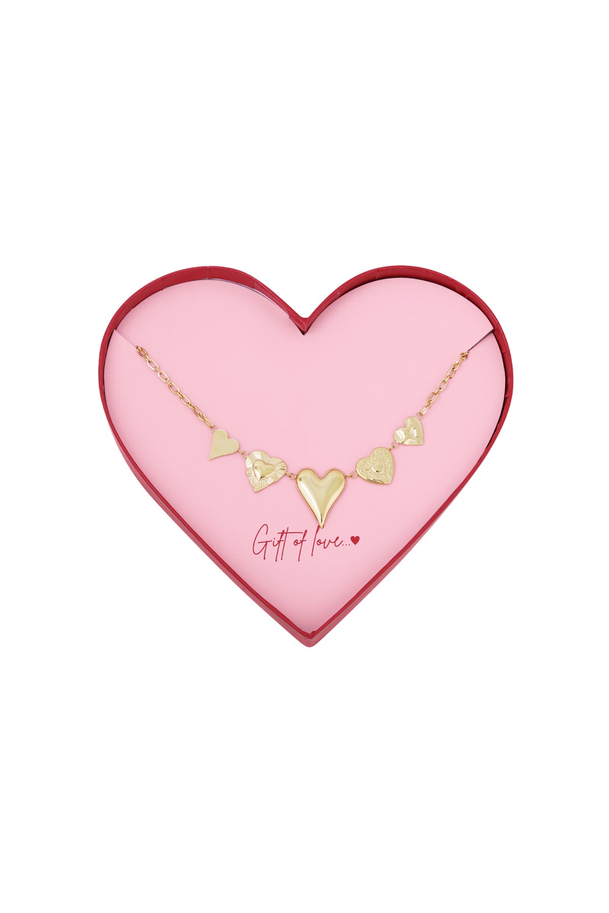 Gold heart charm necklace displayed in a pink heart-shaped box with red edges, featuring five unique heart pendants.