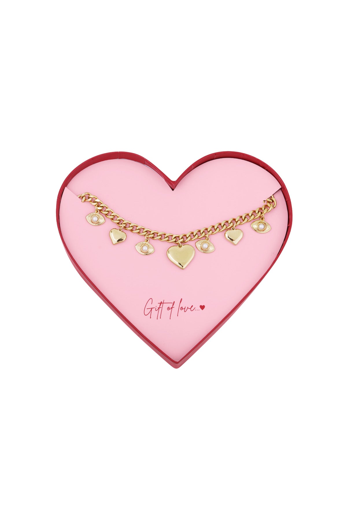 Gold-tone charm bracelet displayed in a pink heart-shaped gift box with red edges and 'Gift of love...' text.
