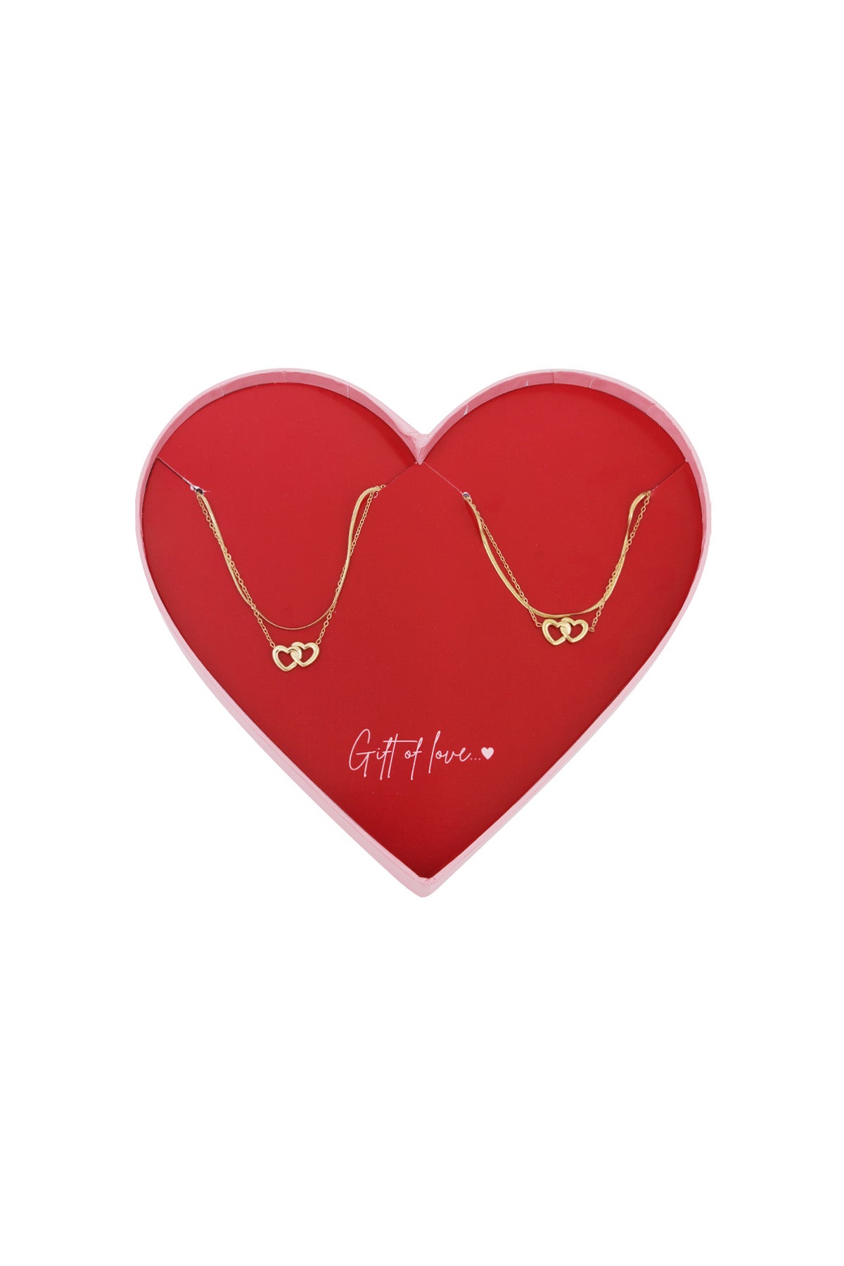 Gold coloured stainless steel necklace and bracelet with interlocking heart pendants displayed in a red heart-shaped box with 'Gift of love' text