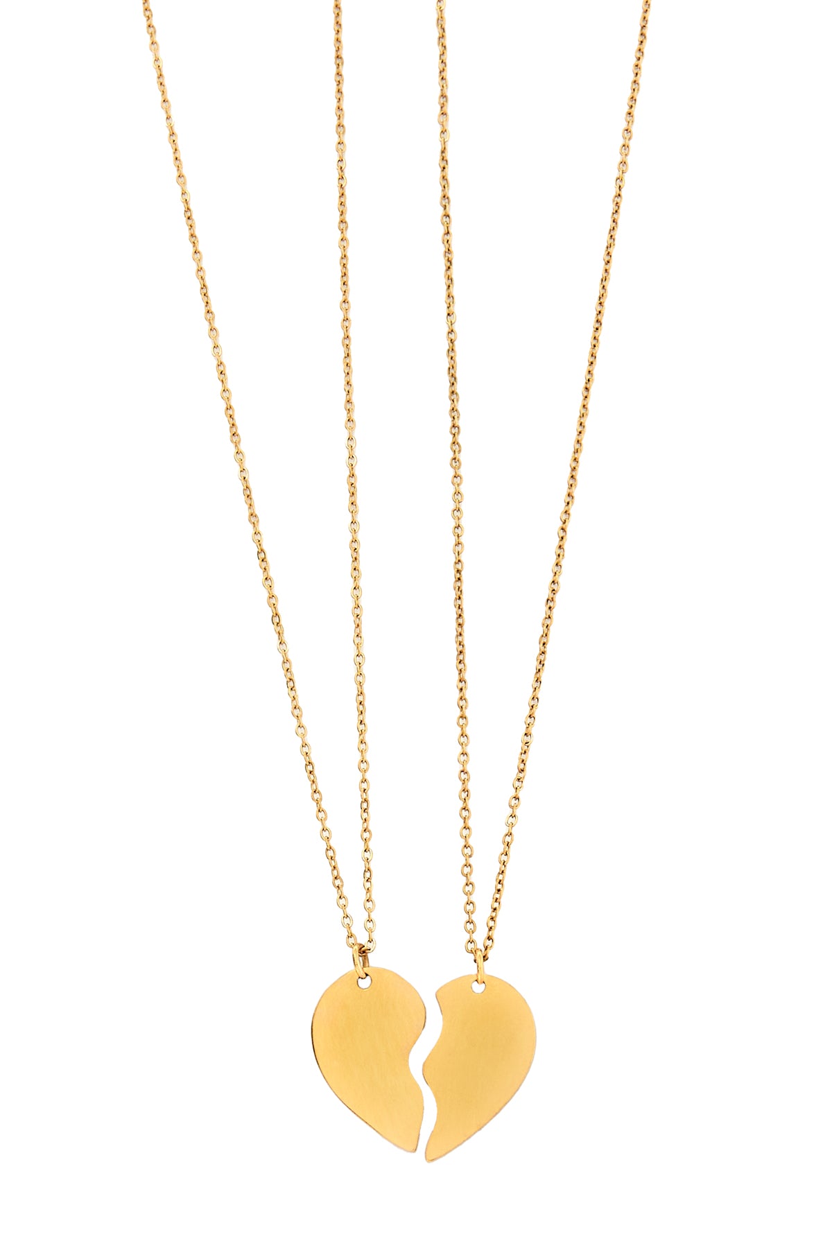 Two gold necklaces with matching half-heart pendants forming a whole heart on white background