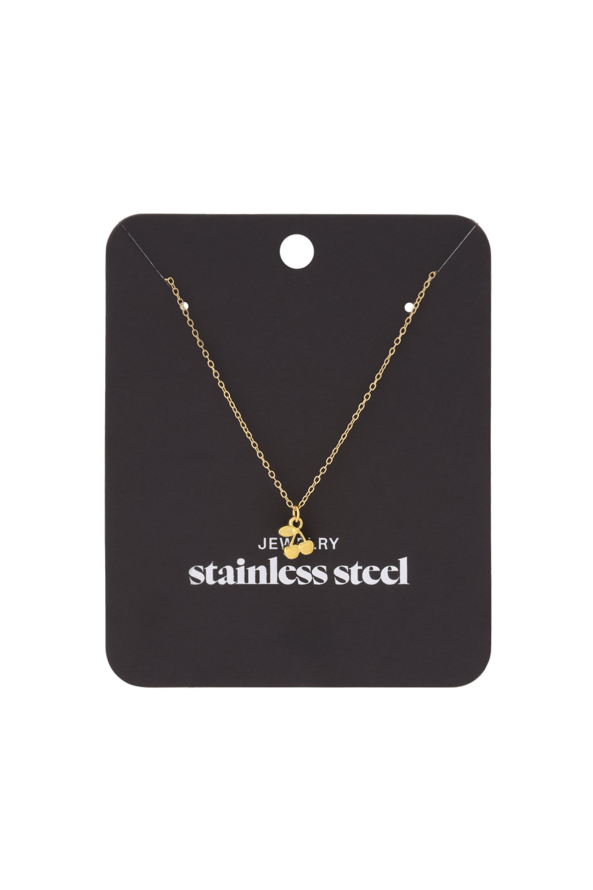 Golden cherry pendant necklace displayed on a black card labeled stainless steel jewelry