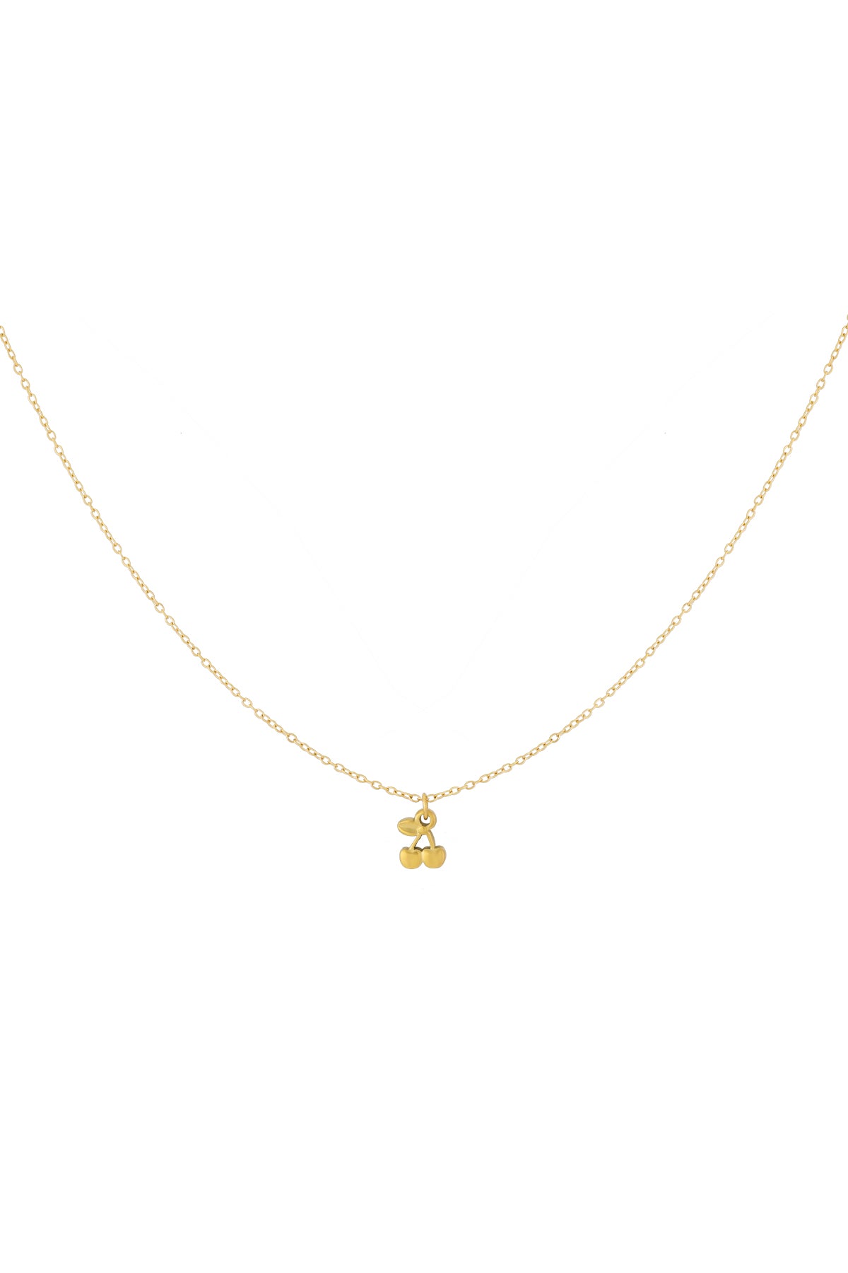 Golden cherry pendant necklace on a white background showing delicate chain and small fruit charm