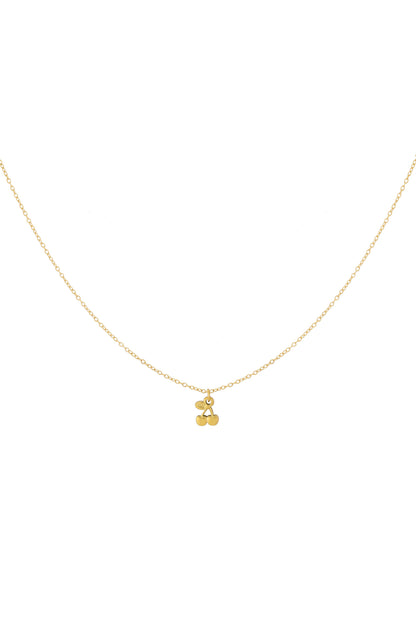 Golden cherry pendant necklace on a white background showing delicate chain and small fruit charm