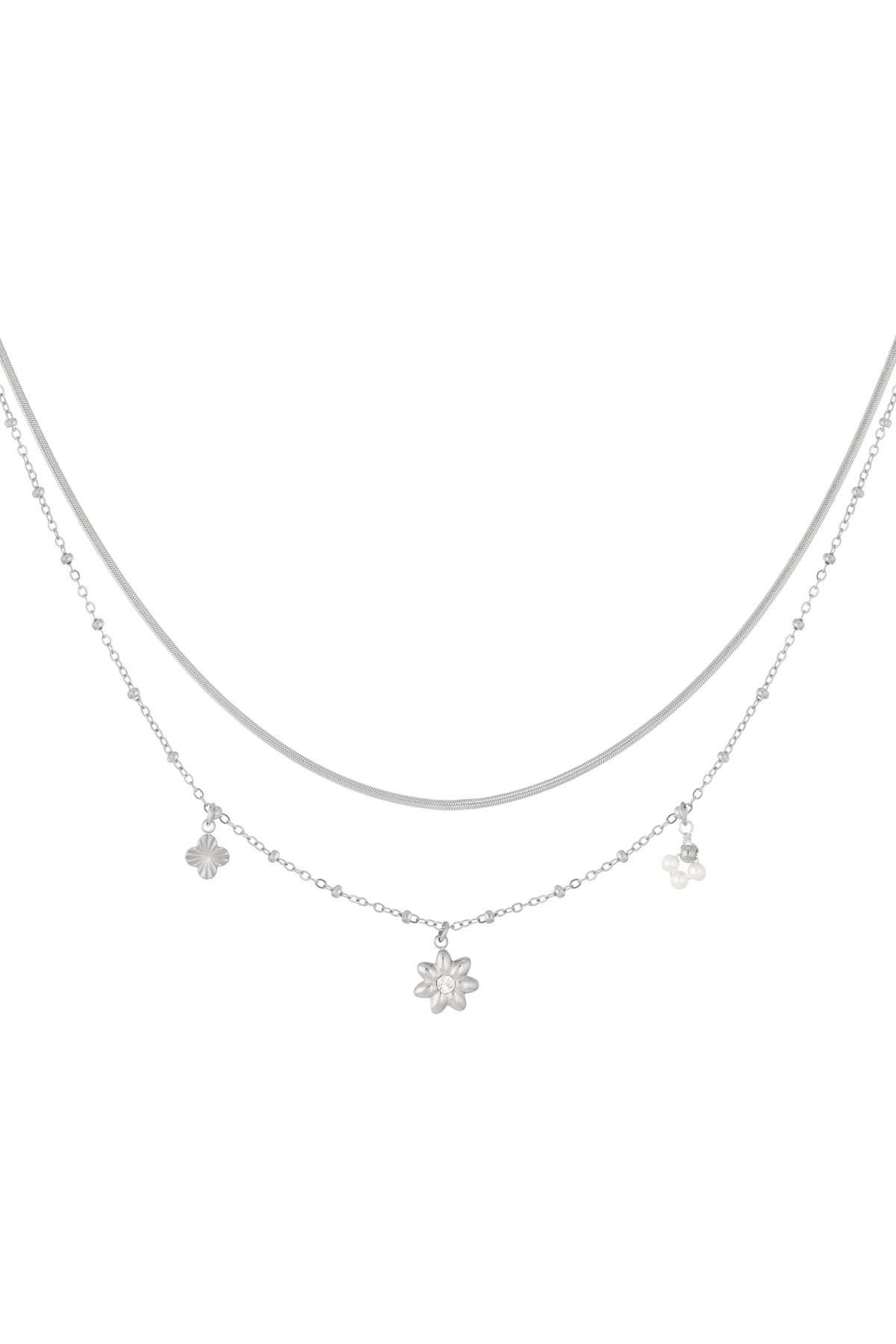 Silver layered necklace displayed on white background showing snake chain and flower pearl charm chain
