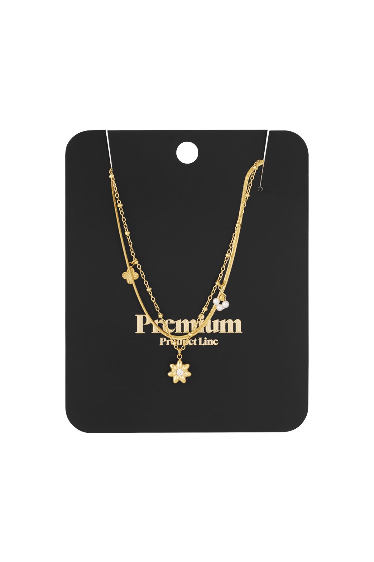 Gold layered flower charm necklace presented on a black premium product card