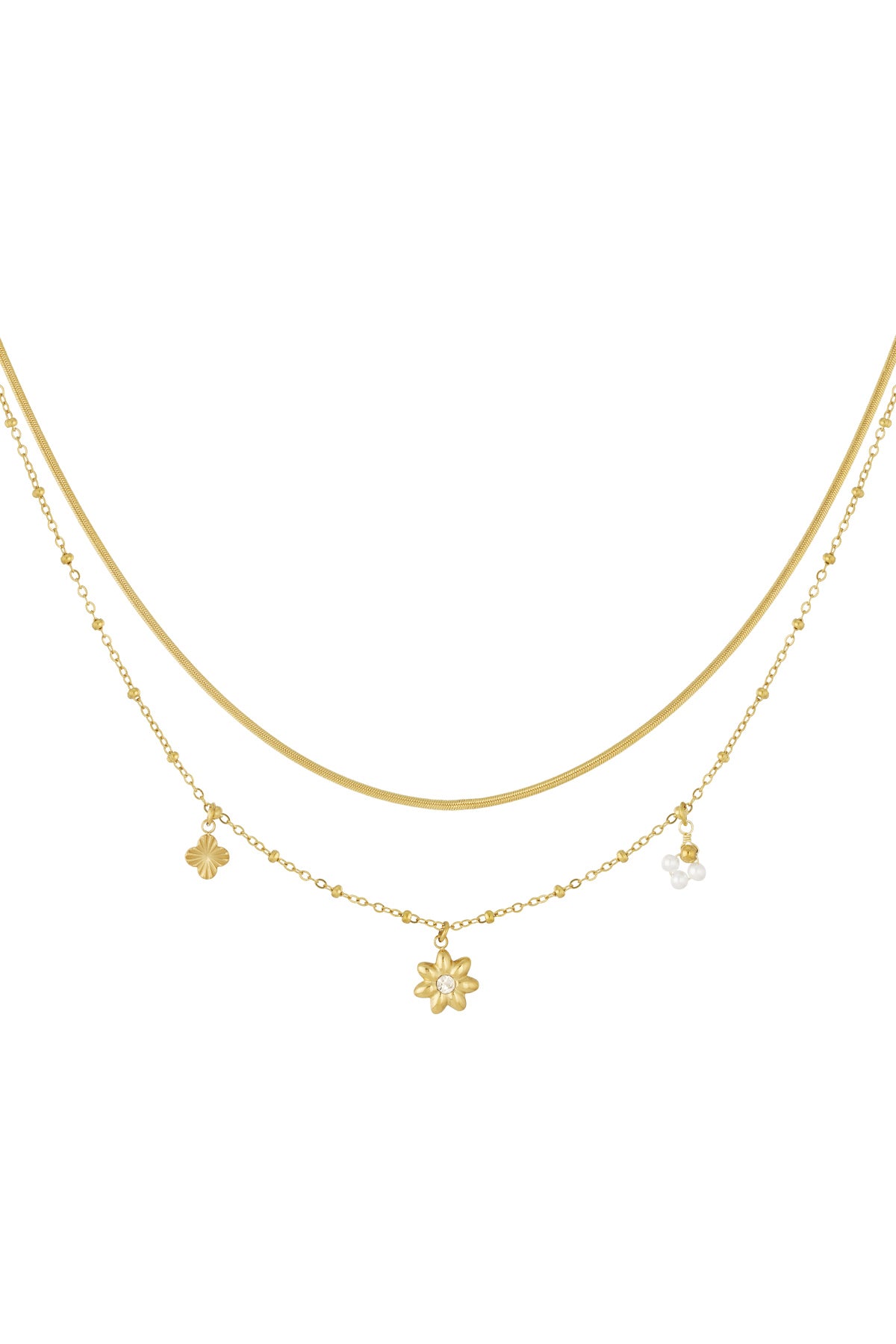 Gold layered flower charm necklace isolated on white background