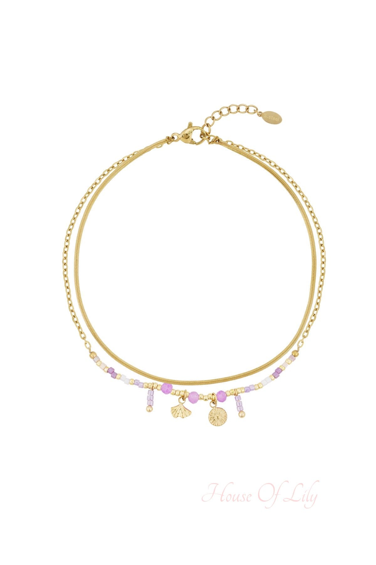Delicate double-layer gold plated anklet featuring pastel beads and small shell and sun charms on white background