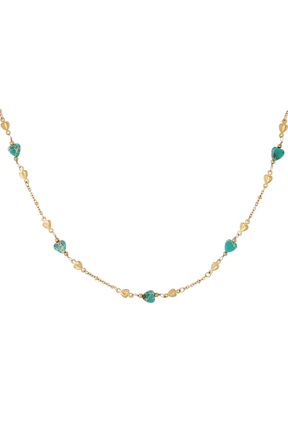 Close-up of gold-tone chain necklace with turquoise and gold heart-shaped beads on white background