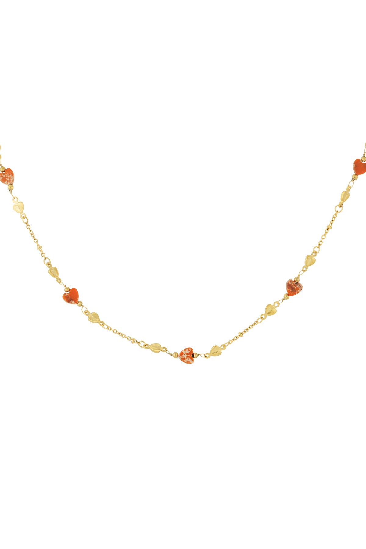 Full shot of gold-tone chain necklace with turquoise and gold heart-shaped beads on white background