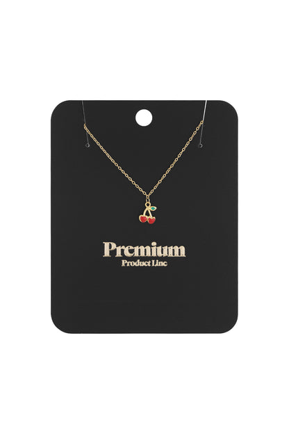 Gold-coloured chain necklace with red enamel cherry pendant displayed on black packaging card marked 'Premium Product Line'