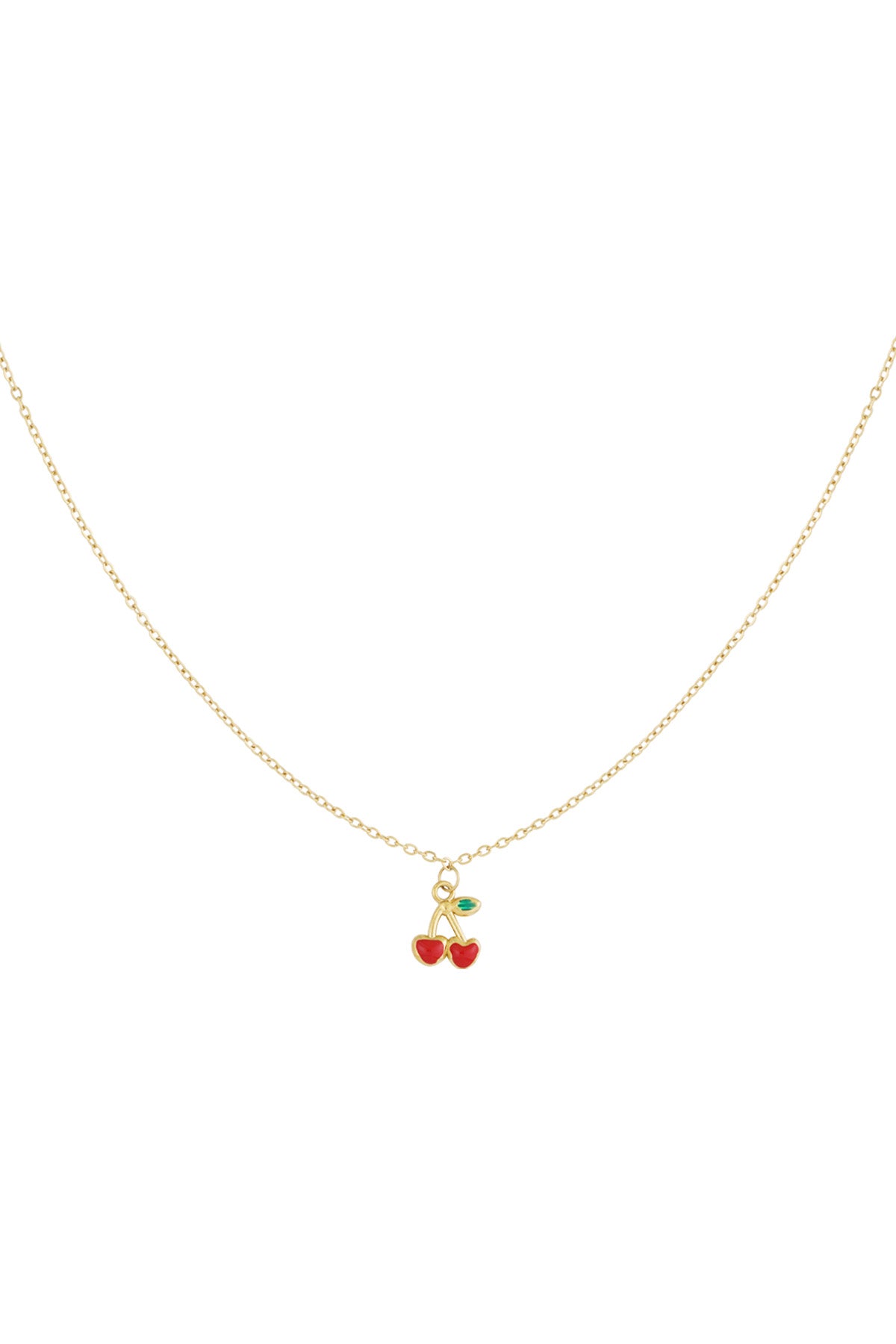 Gold-coloured delicate chain necklace with a small red enamel double cherry pendant and tiny green leaf