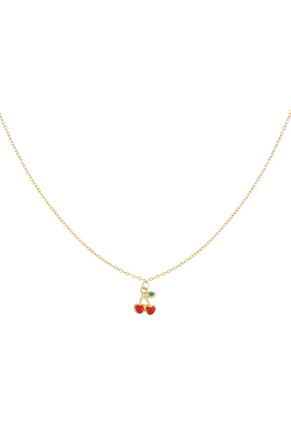 Gold-coloured delicate chain necklace with a small red enamel double cherry pendant and tiny green leaf