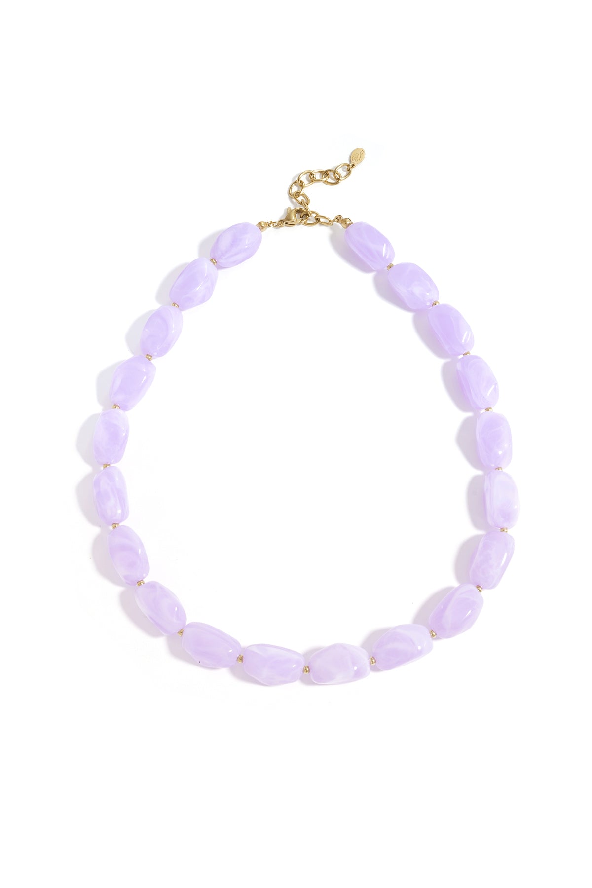 Lavender chunky acrylic beaded necklace with gold accents on white background