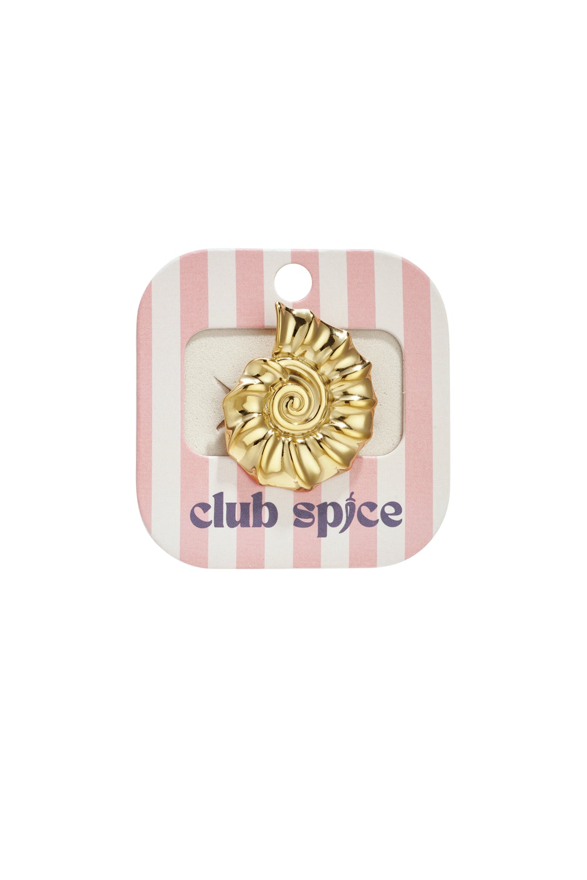 Gold spiral shell ring attached to a pink and white striped Club Spice branded card packaging