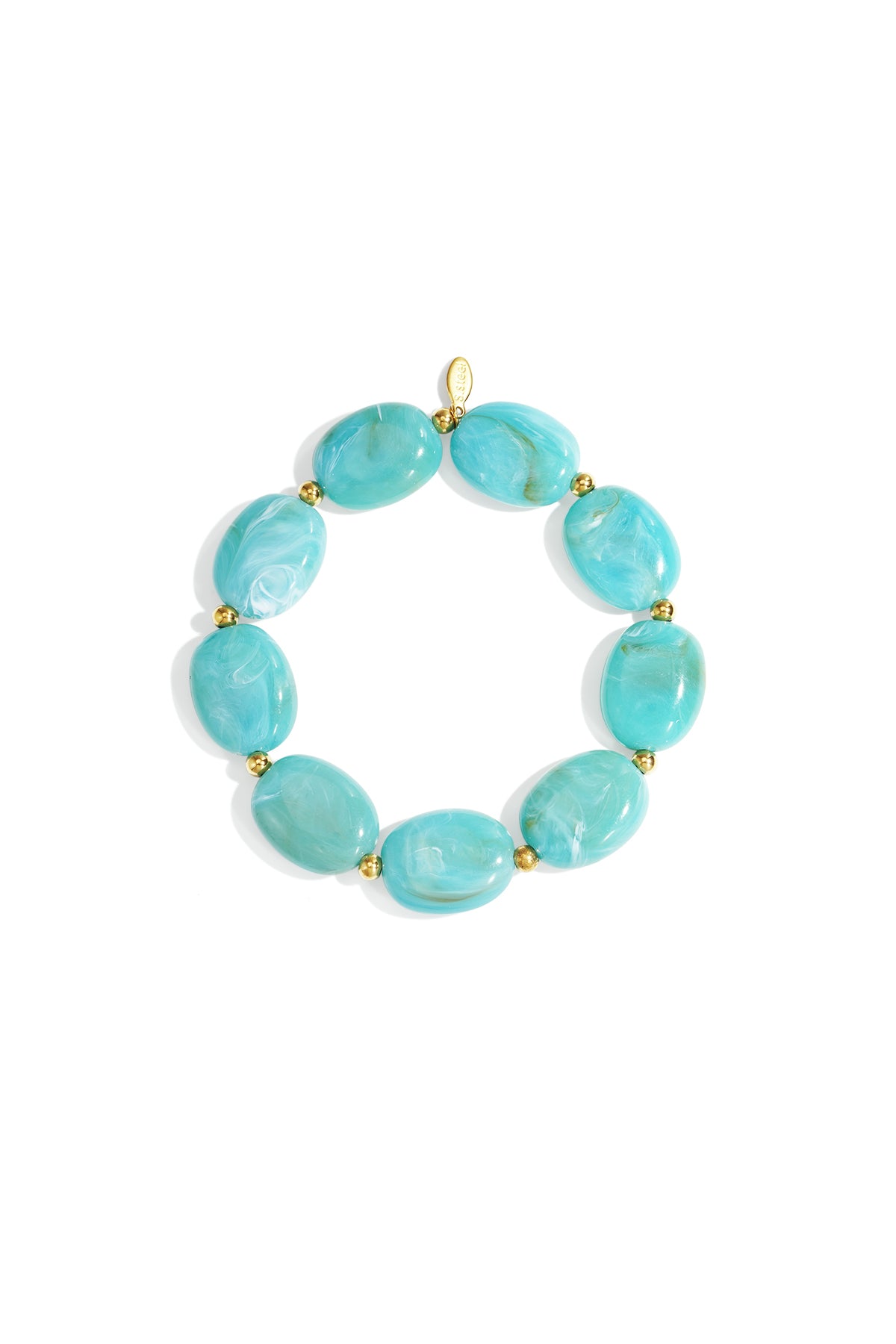 Close-up of a light turquoise swirled acrylic beaded bracelet with gold spacers on white background