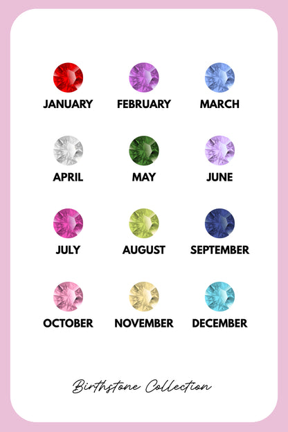 Colour chart of twelve birthstones for each month of the year on a pink background