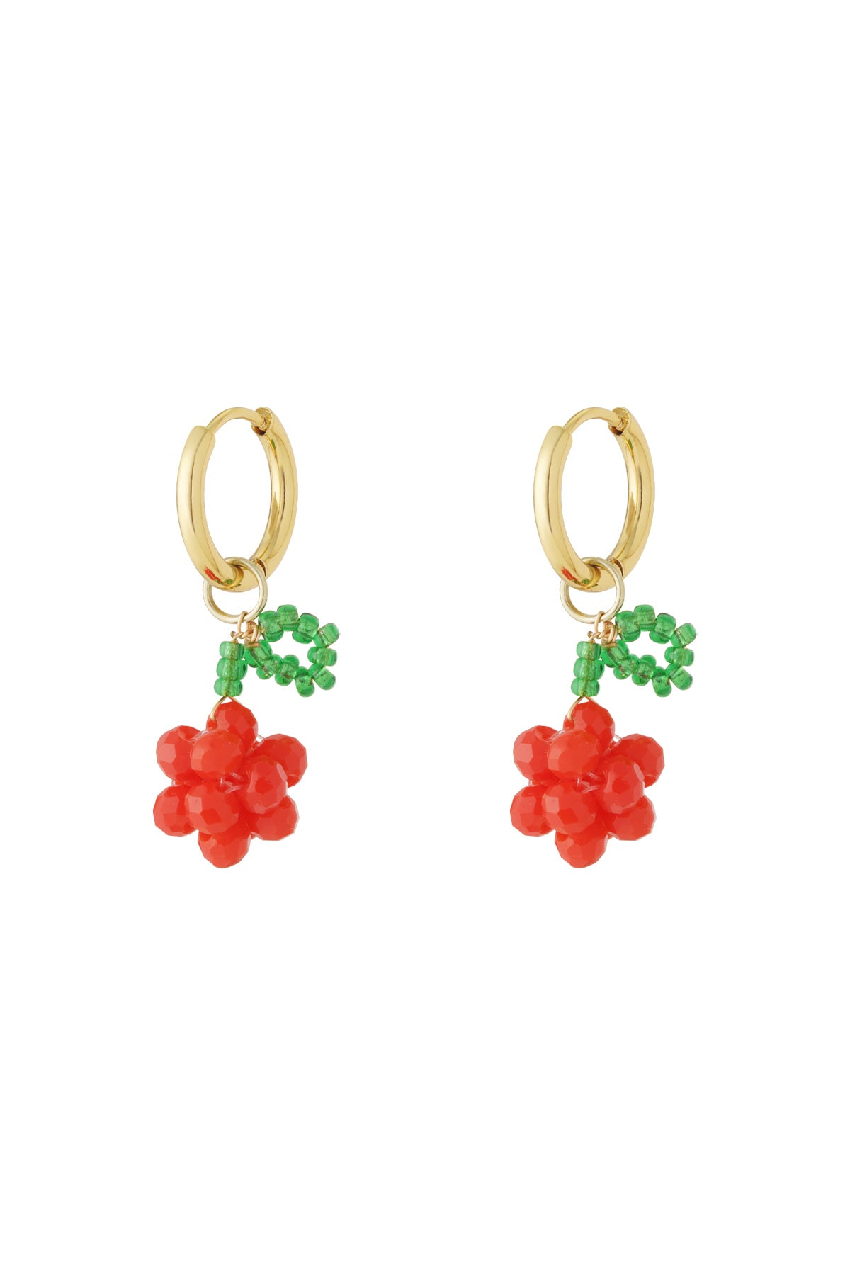 Pair of gold hoop drop earrings with red beaded cherry clusters and green bead leaves on a white background