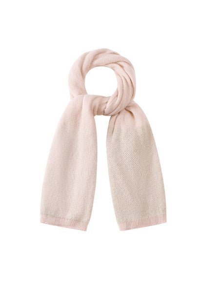 Soft blush pink knit colorblock scarf with delicate sparkle details, folded looped on white background