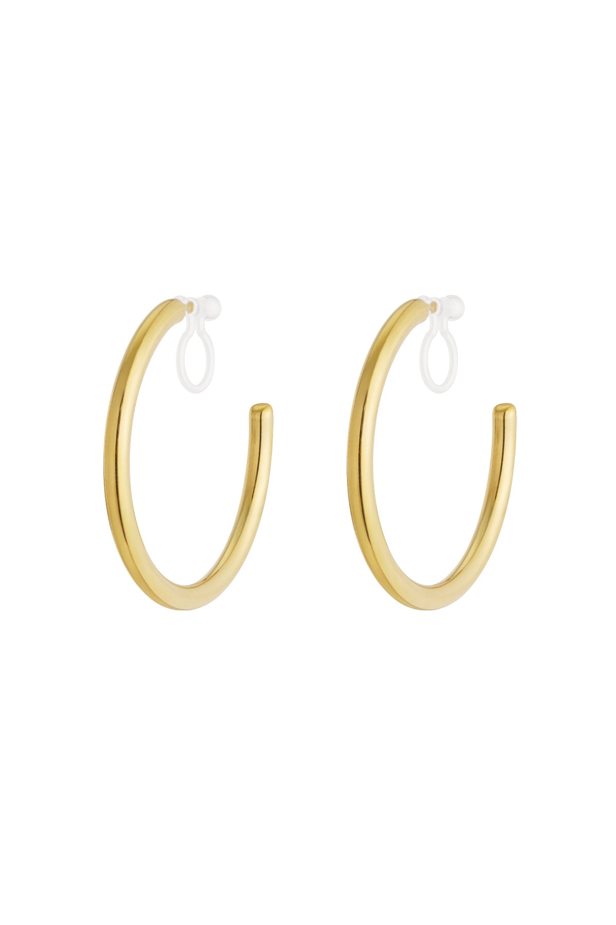 Pair of polished gold-tone clip-on hoop earrings with clear silicone loops on white background