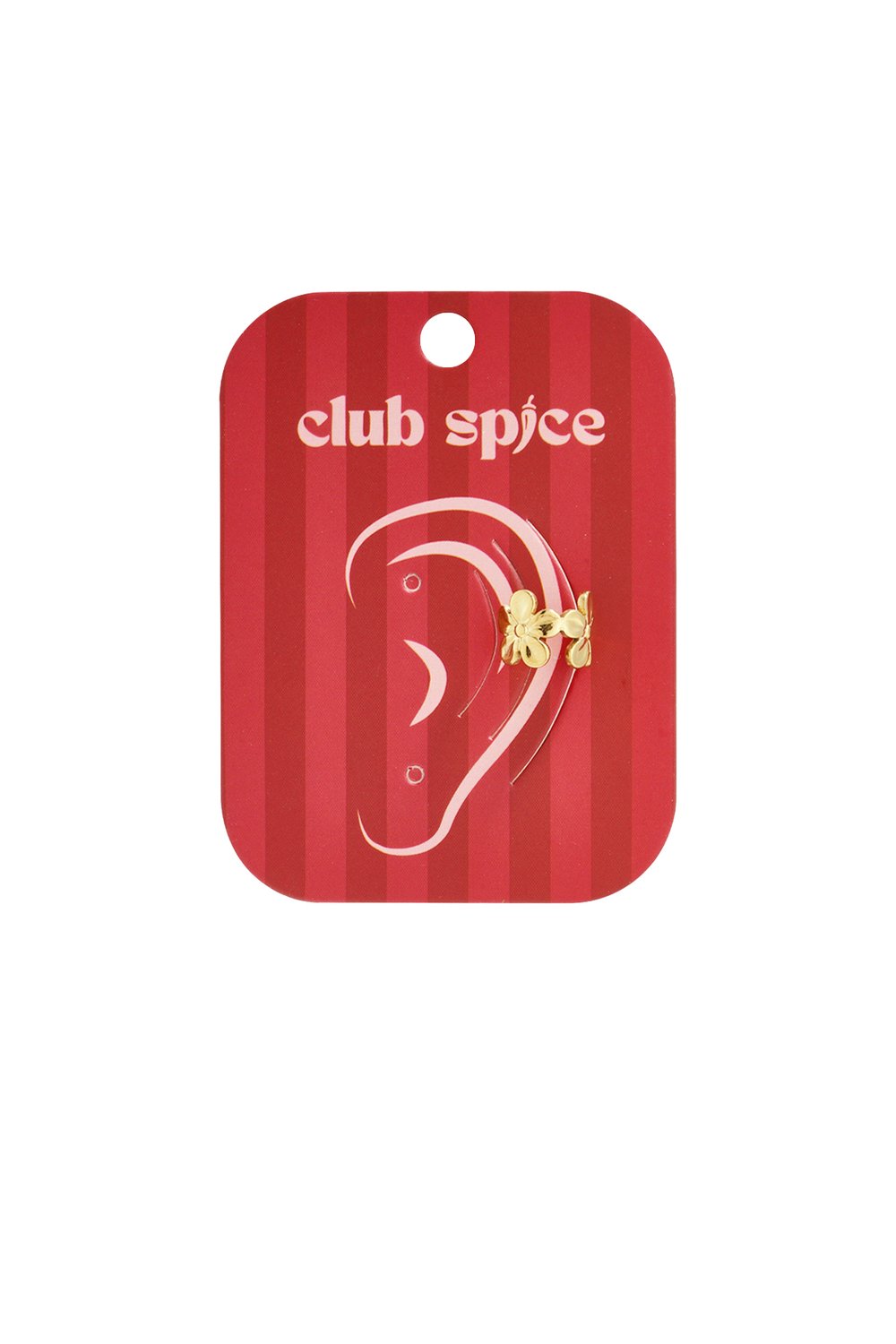 Bloom Baby Ear Cuff: A gold-toned, flower-shaped metal ear cuff displayed on a red branded display card.