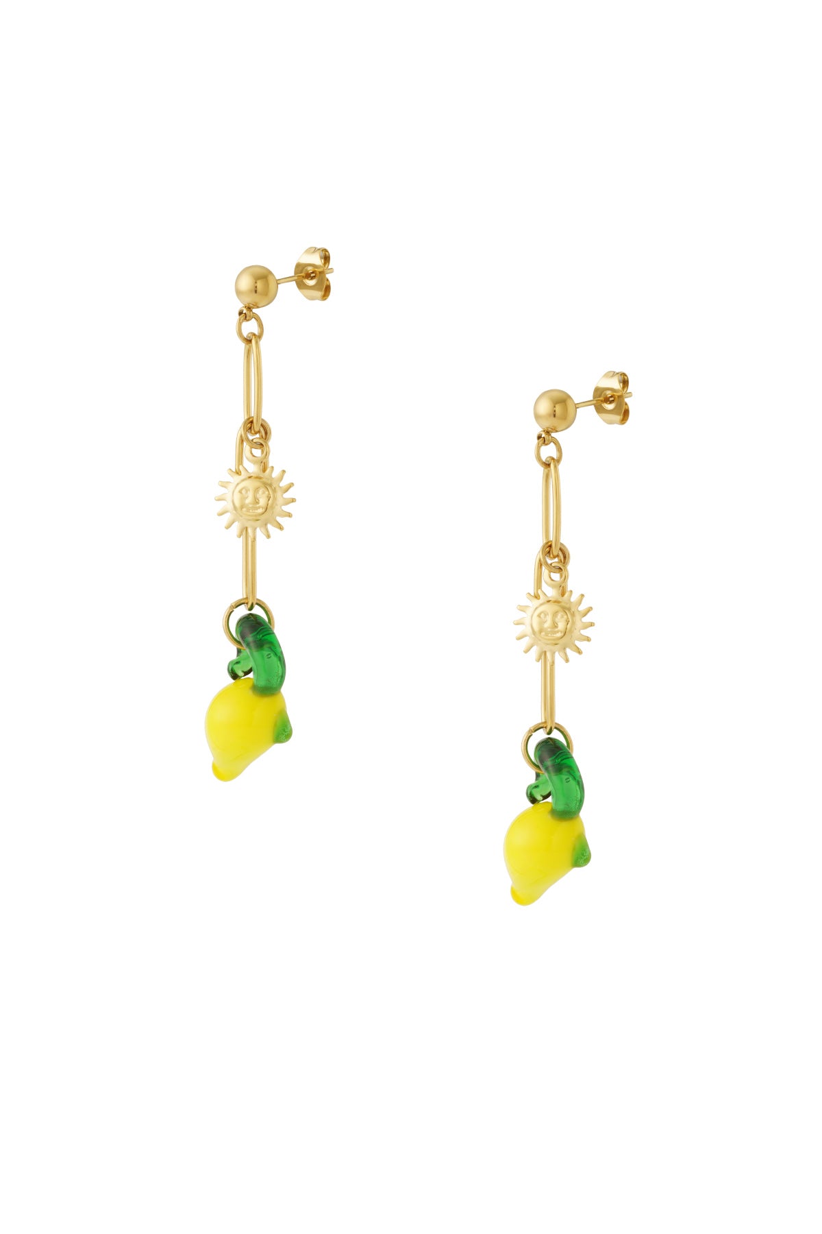 Pair of gold-plated drop earrings featuring smiling sun charms and yellow enamel lemon charms with green leaves on a white background