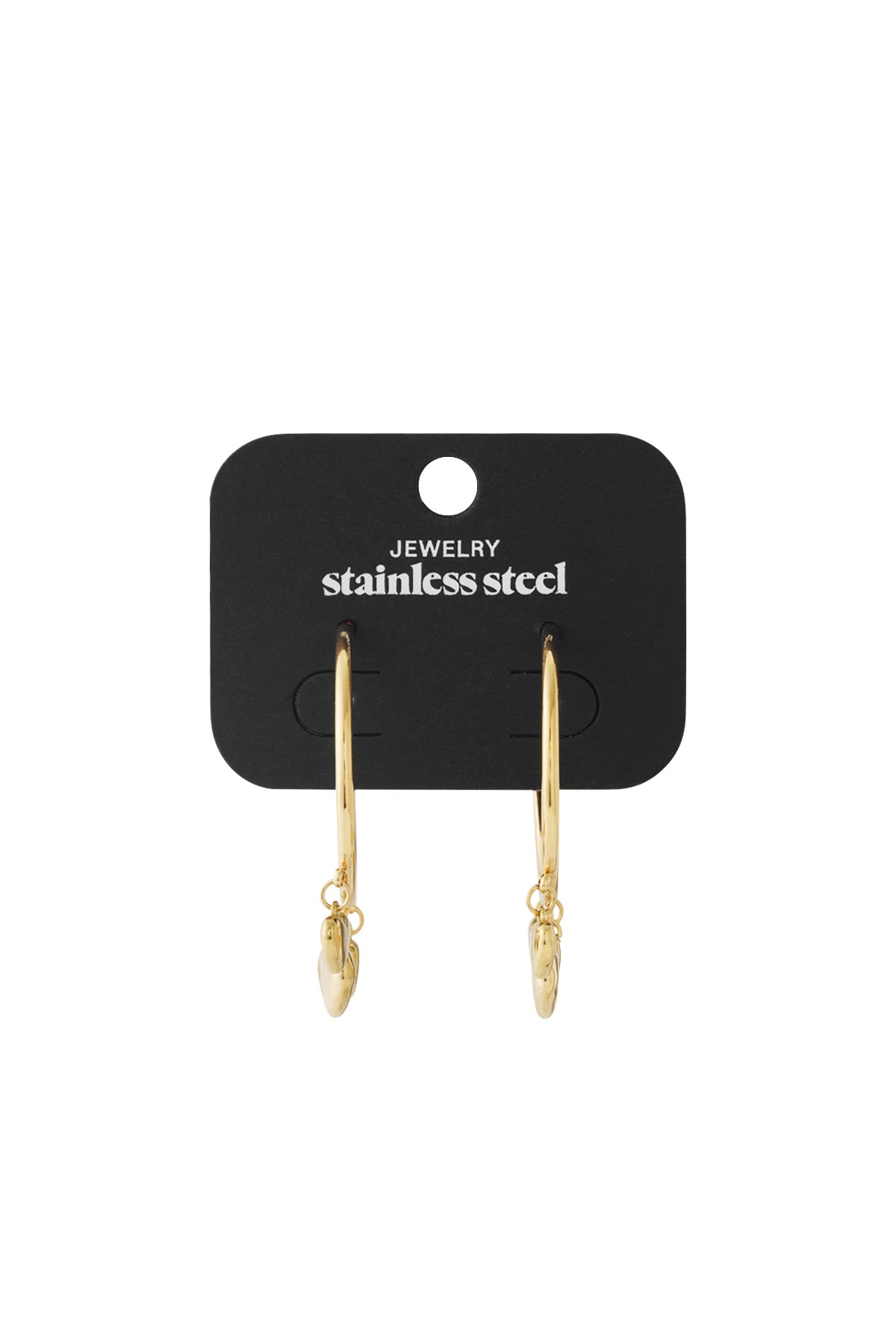 Gold stainless steel hoop earrings with dangling heart charms on a black display card.