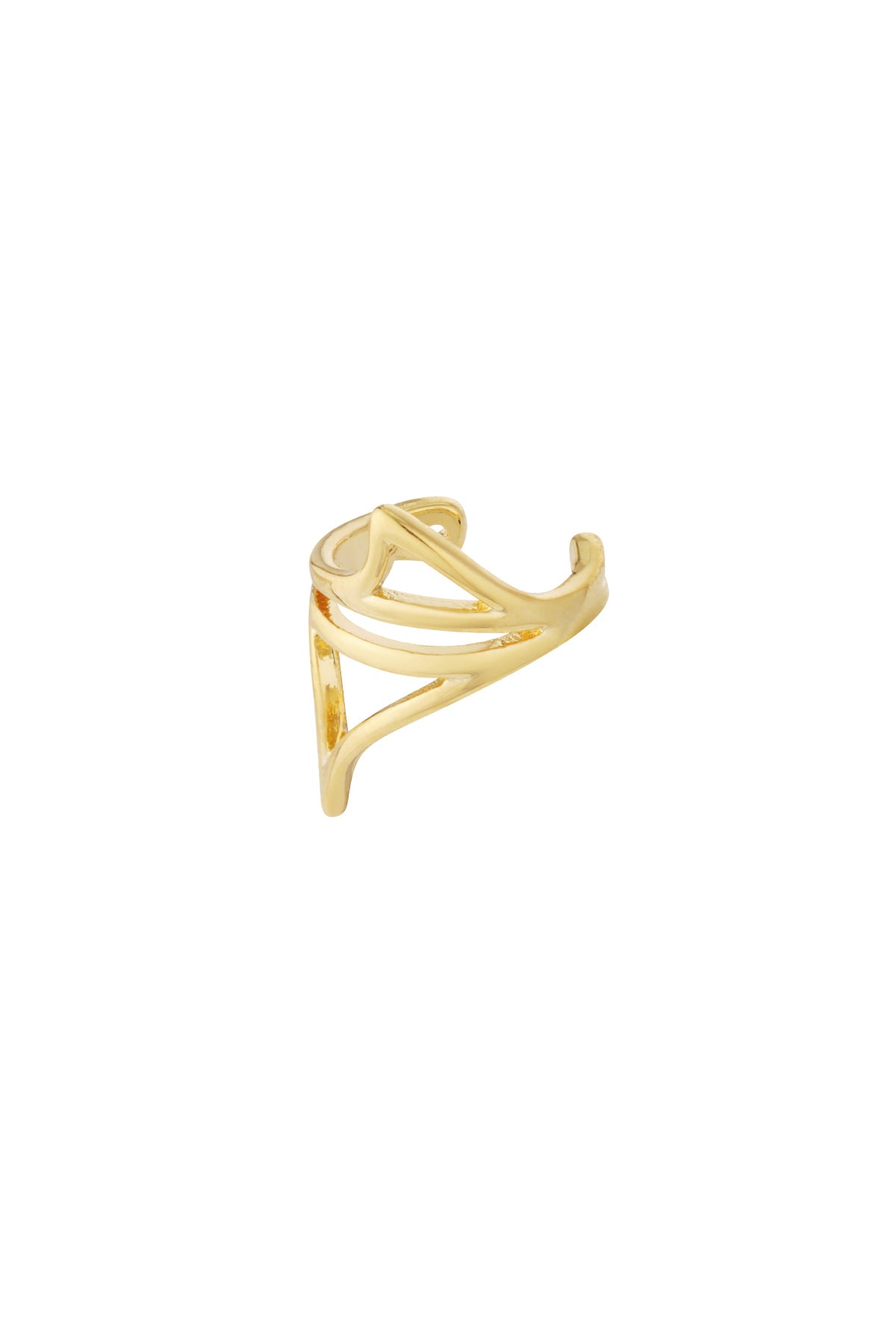 Gold-tone geometric ear cuff with open triangular design against white background