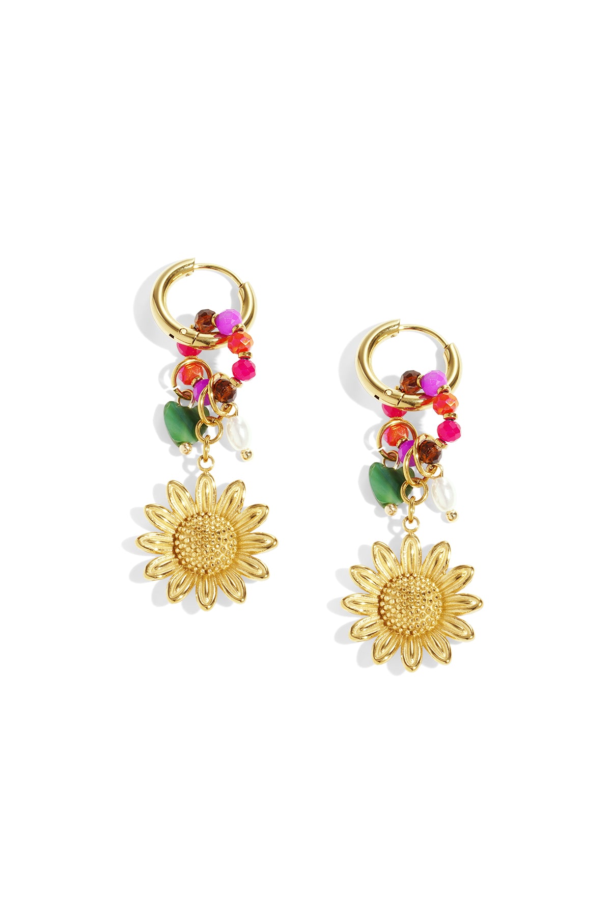 Pair of gold drop hoop earrings featuring sunflower charms and multicolored beads on a white background