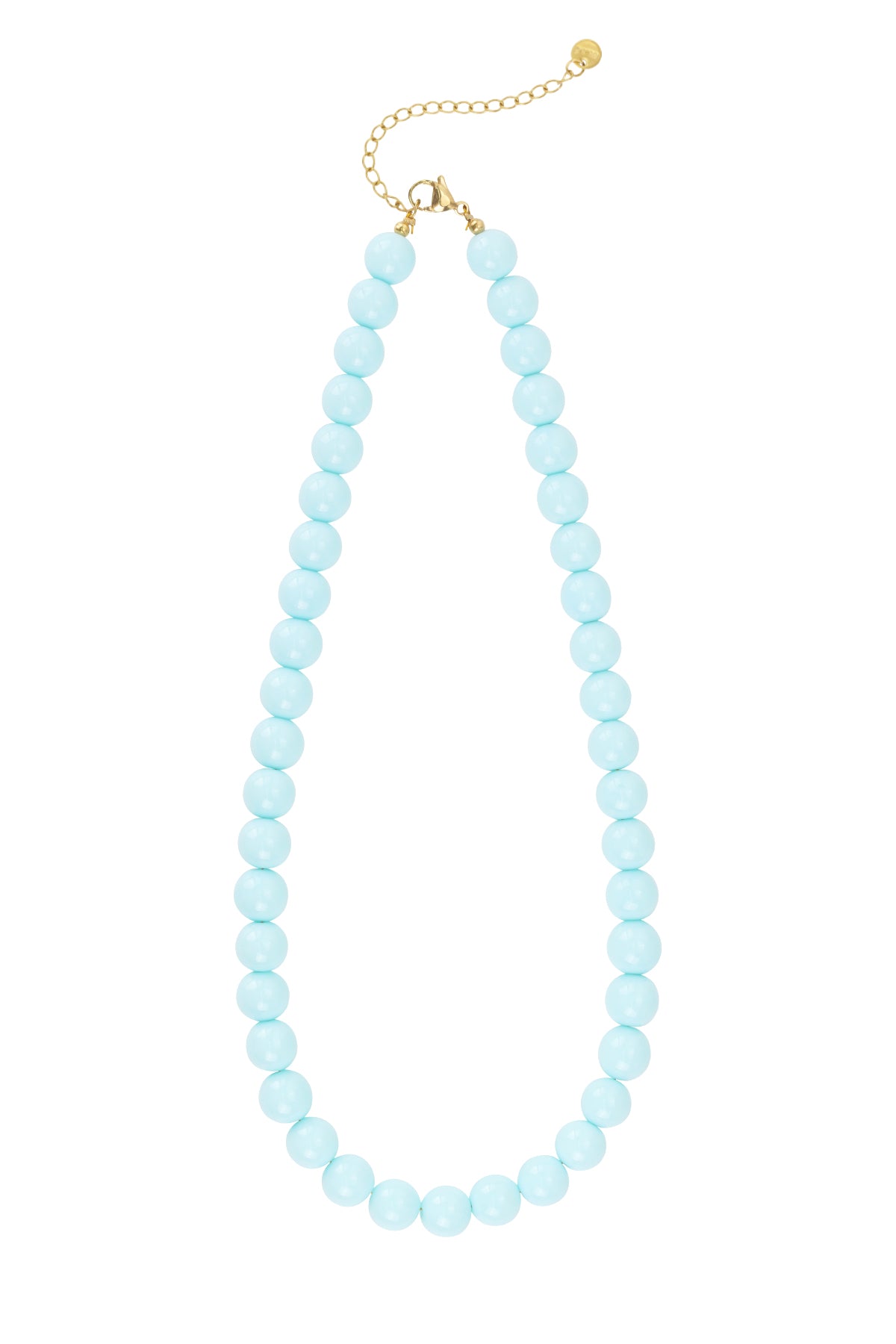 Light pink resin beaded necklace with gold chain extender and clasp on white background