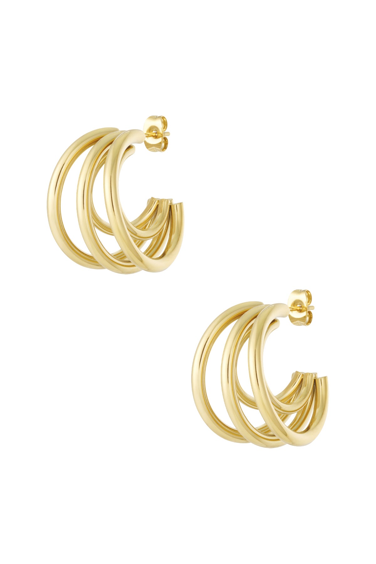 Gold triple hoop earrings displayed against white background showing layered hoop design