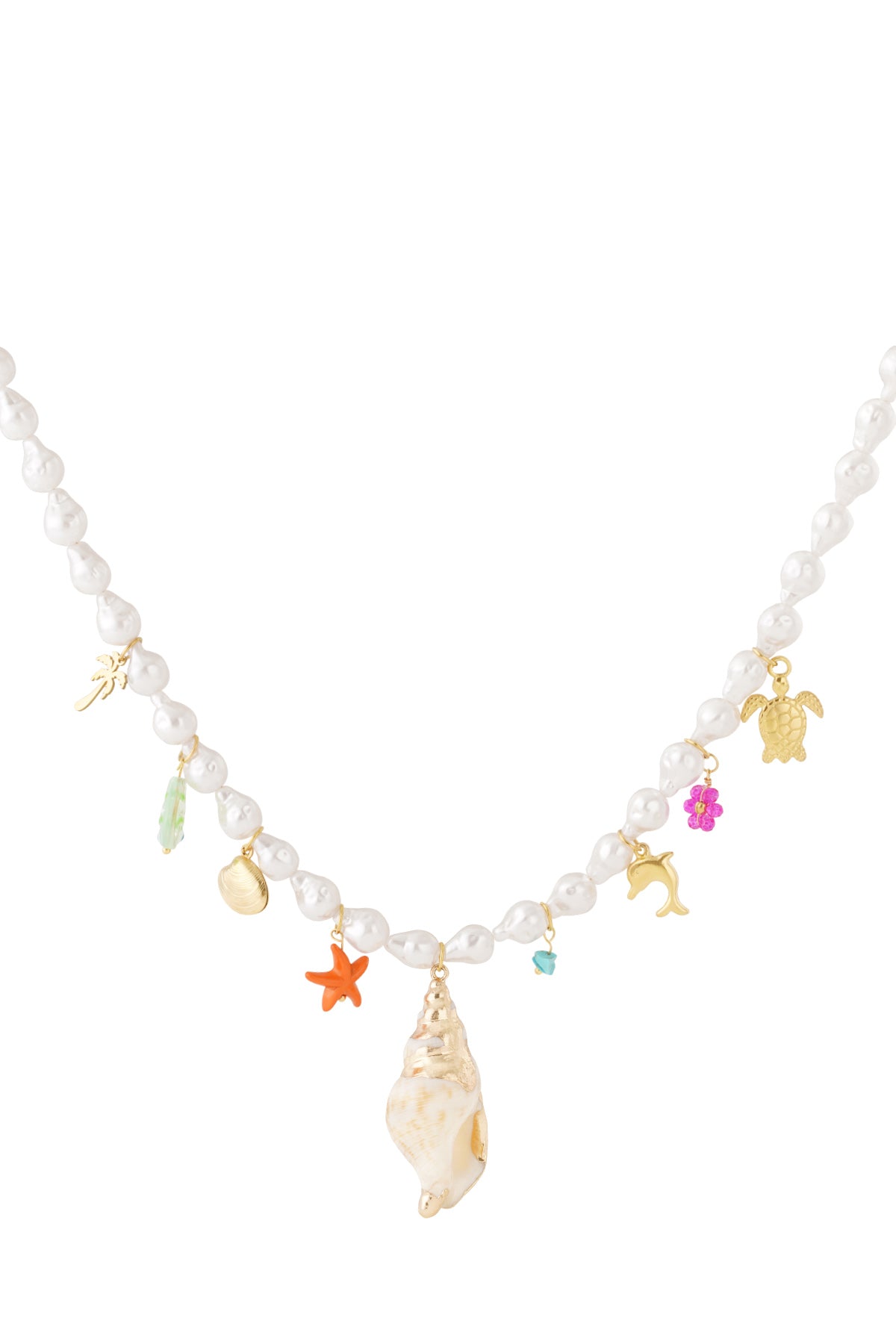 Close-up of a pearl bead necklace adorned with colorful beach-themed charms including seashell, starfish, dolphin, and turtle on a white background